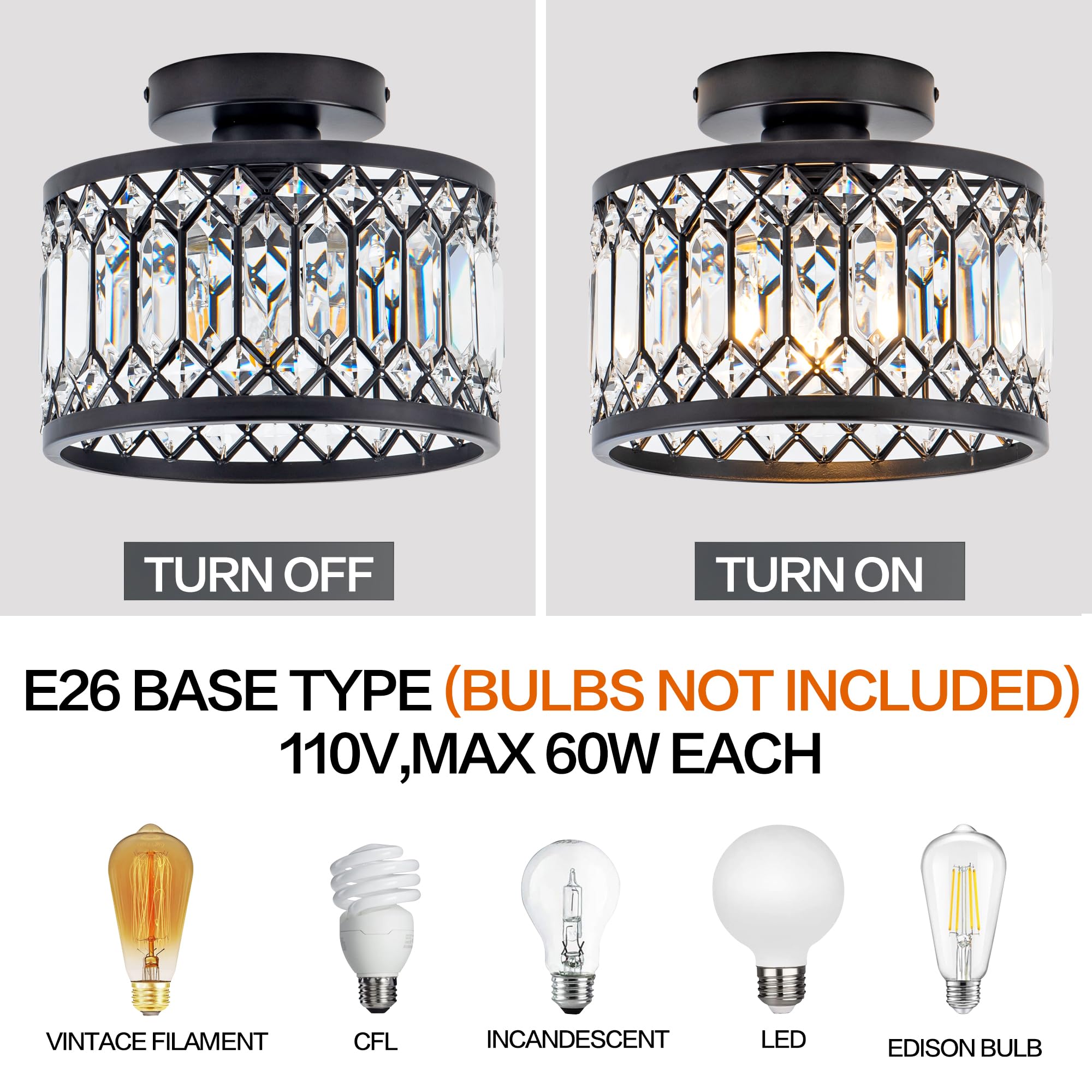 Rpzloila Crystal Ceiling Light Fixture, Modern Semi Flush Mount, Black, Model 8802-1X-BK, for Kitchen, Bedroom, Bathroom, Entryway