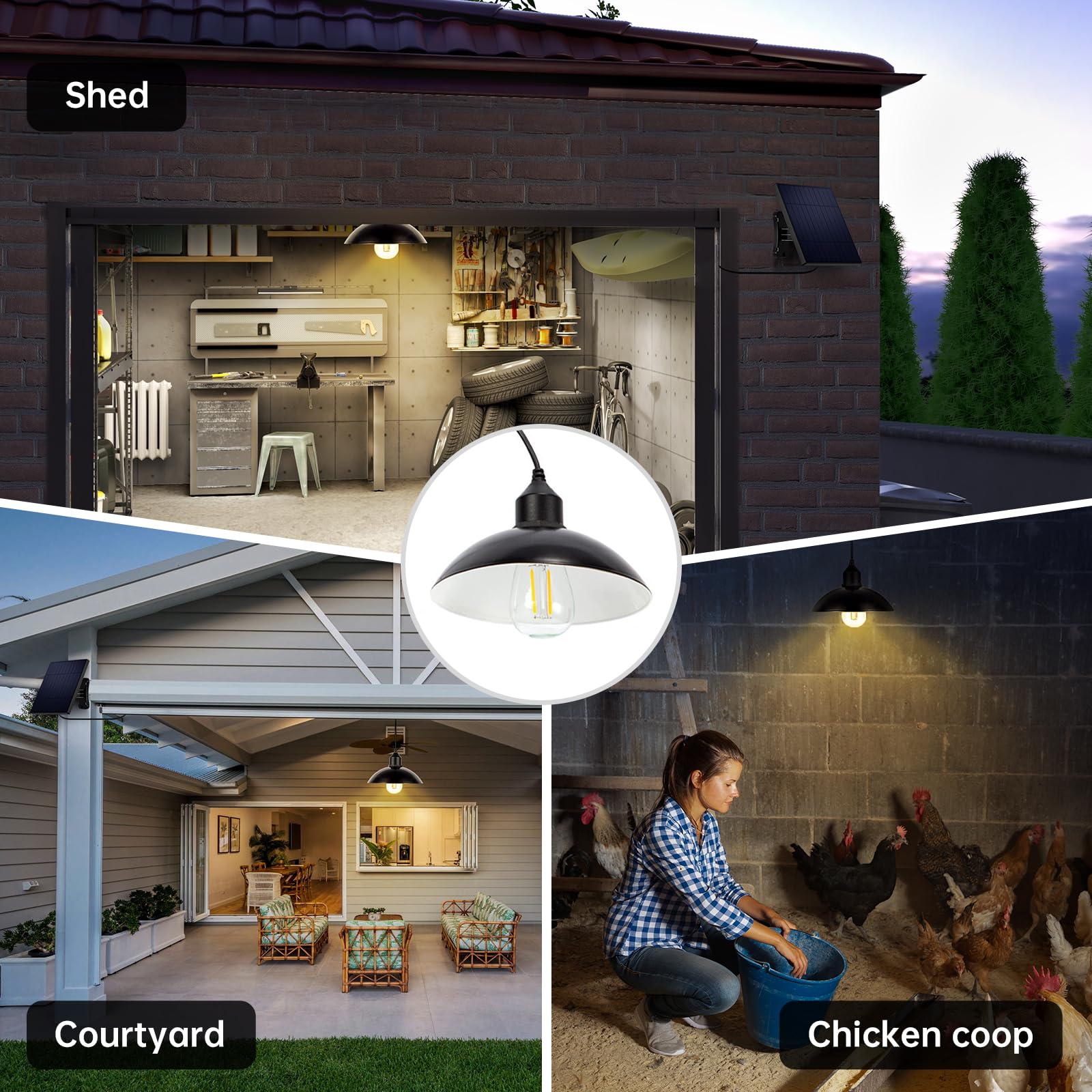 Solar Shed Light, Classical Bulb Lanterns with 9.8FT Cord Solar Chandelier Outdoor Dusk to Dawn Waterproof for Chicken Coop, Ind