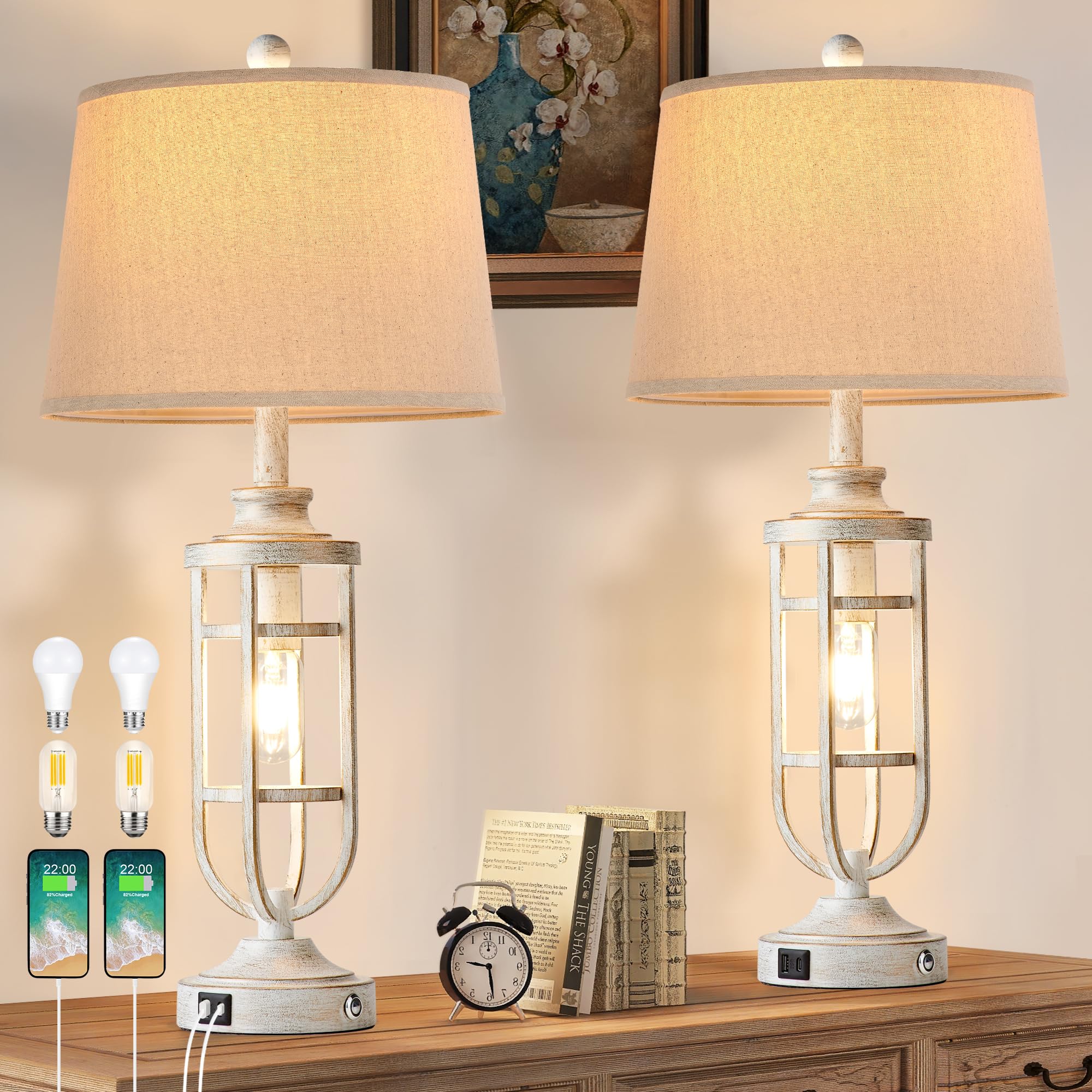SRJJRS 28'' Table Lamps for Living Room Set of 2, Farmhouse Touch Lamps for Nightstand with USB A+C, Vintage Bedside Lamps for B