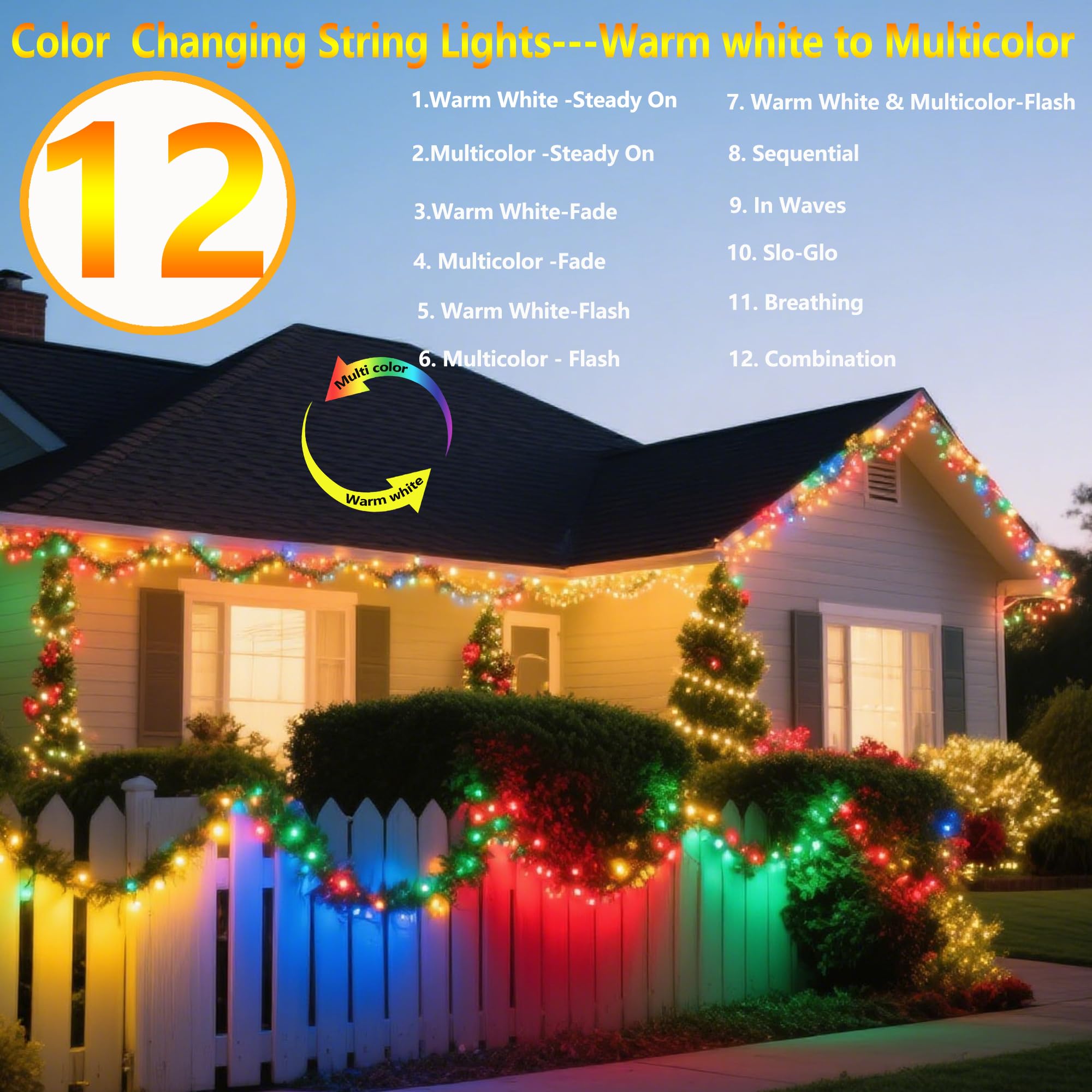 Joomer Solar String Lights, 2 Pack 144FT 400 LED Color Changing Waterproof Twinkle Fairy Lights - Warm White to Multicolor