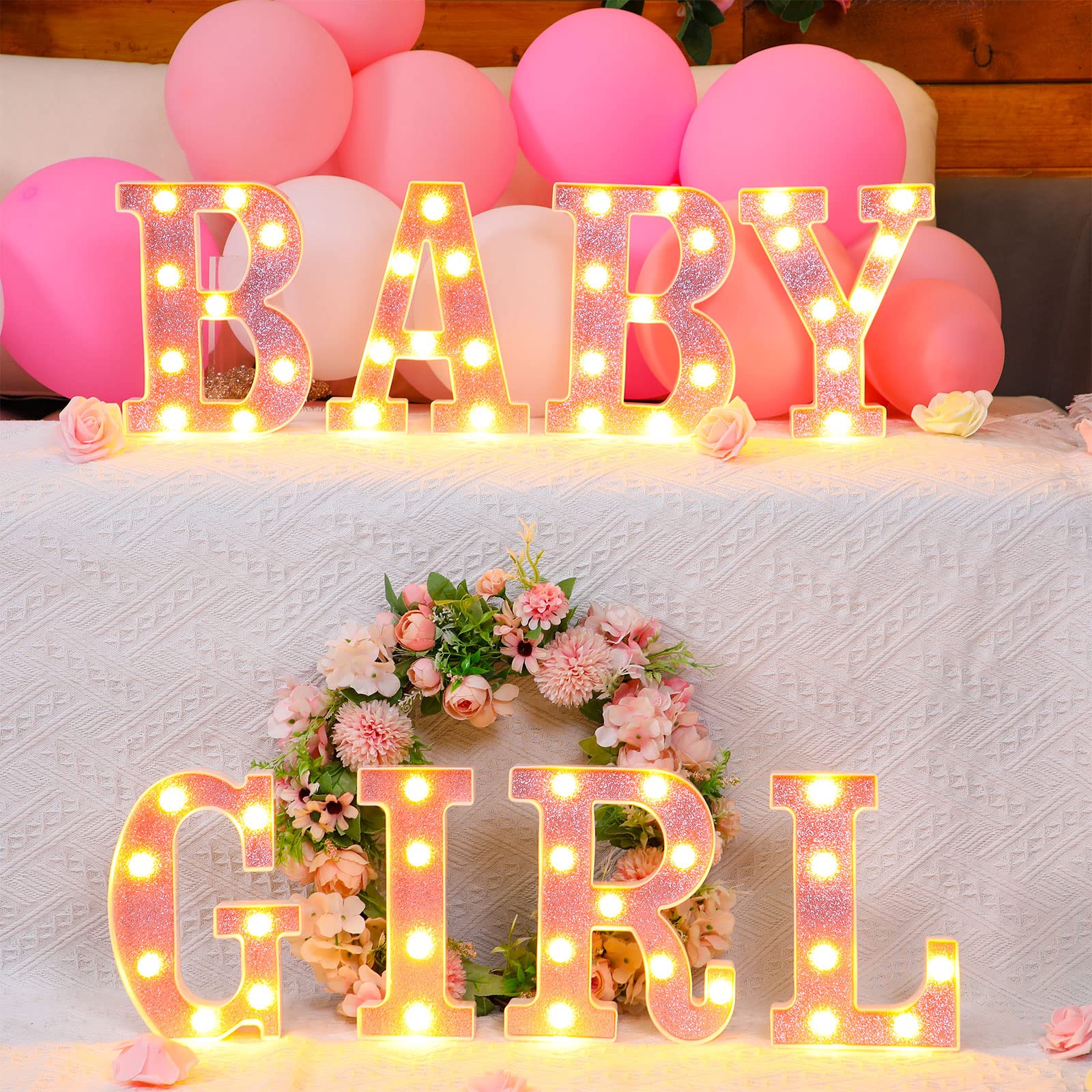 Sacubee Set of 8 Pink Baby Shower Decoration for Girl Baby LED Letters for Baby Shower Light up Letter Battery Operated Baby Let