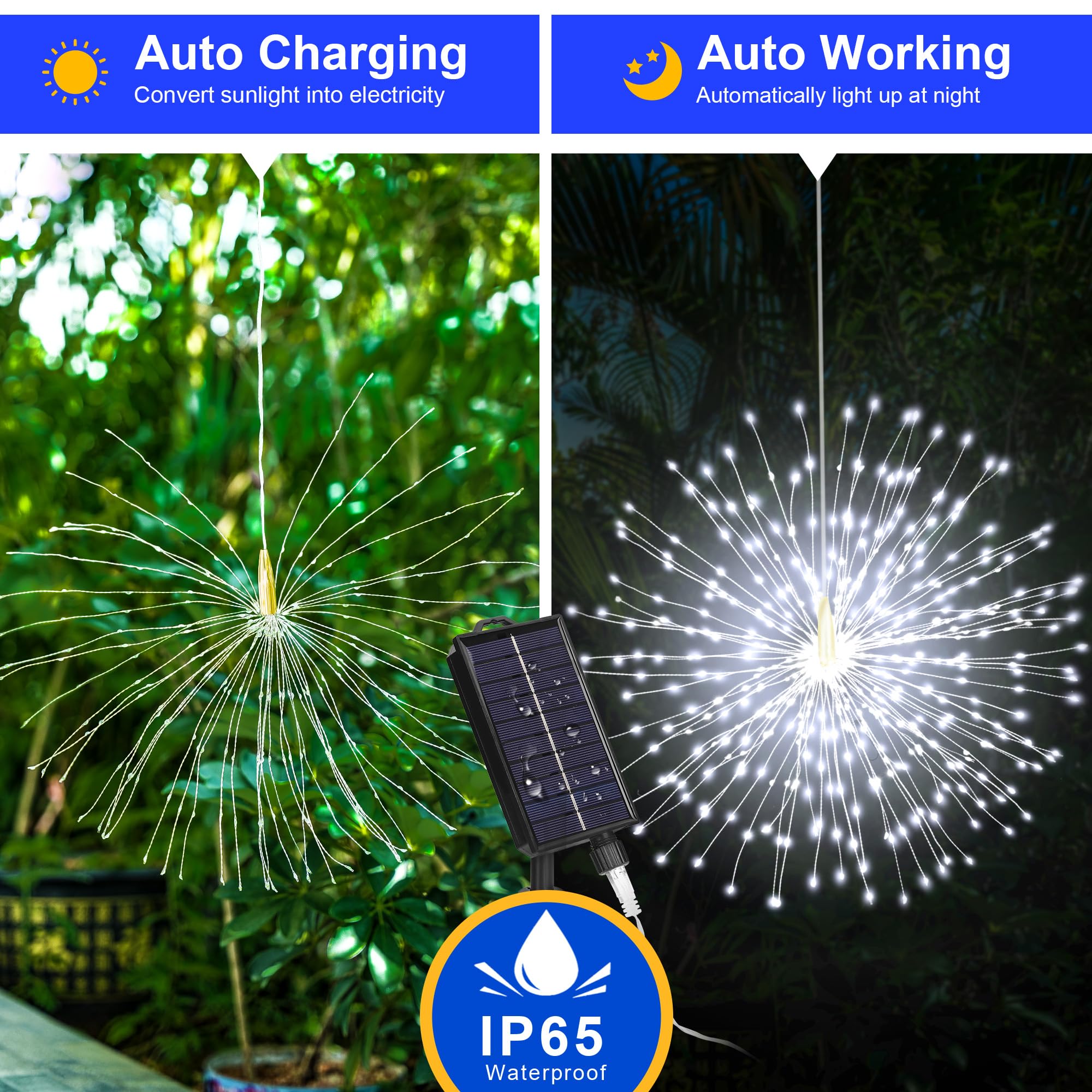 MERRIMAX Solar Starburst Lights - 1000LED Outdoor Fairy Lights, 8.2ft, Waterproof, Remote Control, Dimmable, White - Holiday Decor (Solar001)