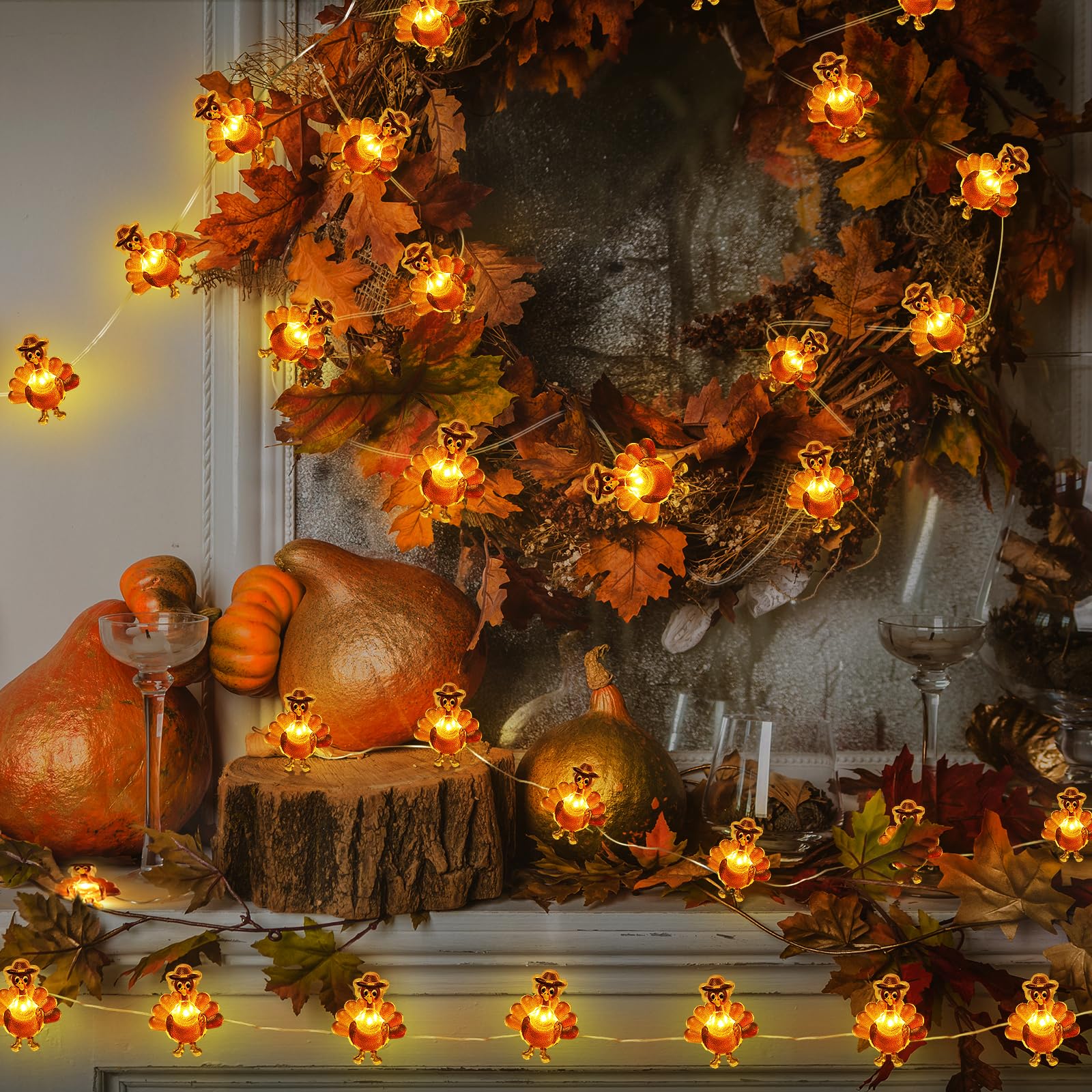 Sakayo [Timer] Fall Thanksgiving Turkey Lights Decorations, 10FT 30LED Copper Wire Fairy Lights Thanksgiving Turkey Decor, Thank