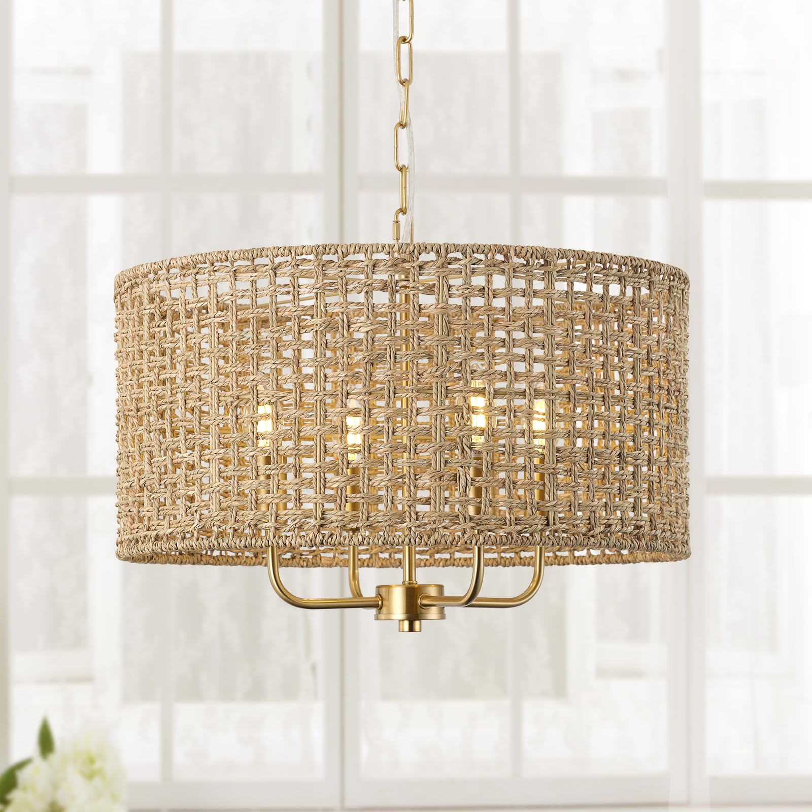 Giutna Rattan Drum Chandeliers For Dining Room, 4-Light Bohemian Hand-Woven Farmhouse Pendant Light Dining Room Light Fixture Ch