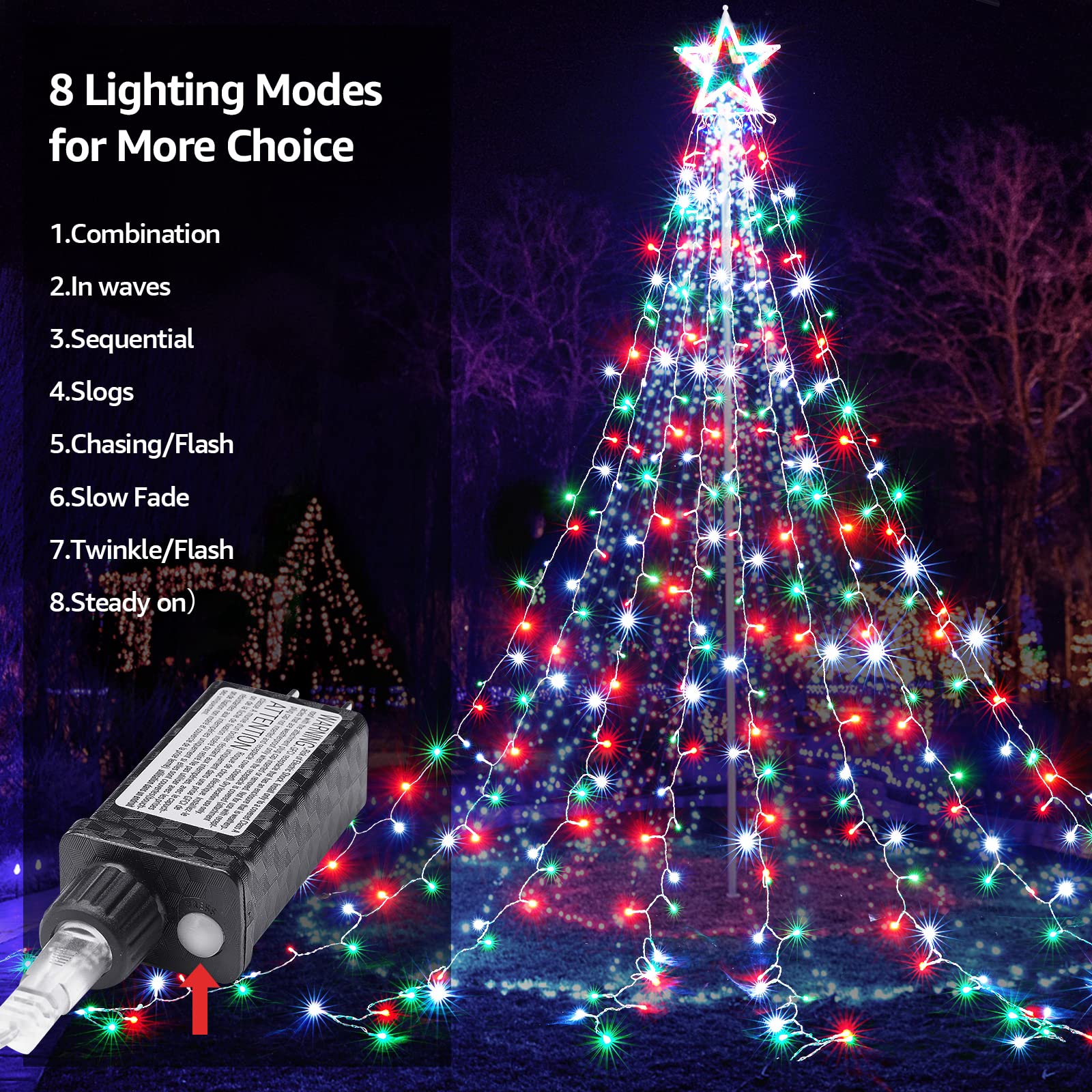 BlcTec Outdoor Christmas Star Lights, 344 LED, 9 Strands, 11.9ft, Waterproof, 8 Modes, Red Green White, Model JT-EL/FC300V