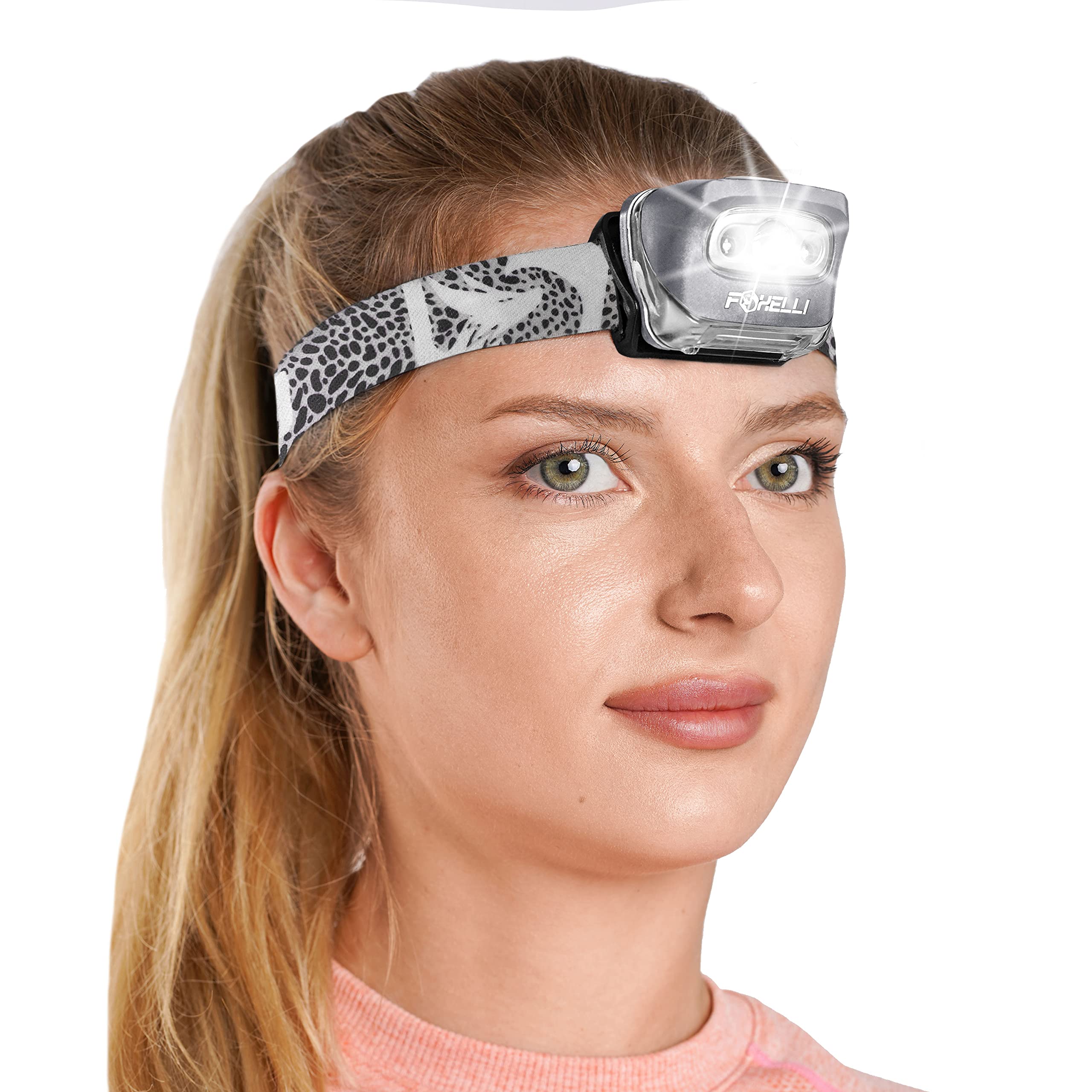 Foxelli LED Headlamp Flashlight, Lightweight Waterproof, White & Red Light, Model MX20, Ideal for Running, Camping, Hiking, Includes 3 AAA Batteries