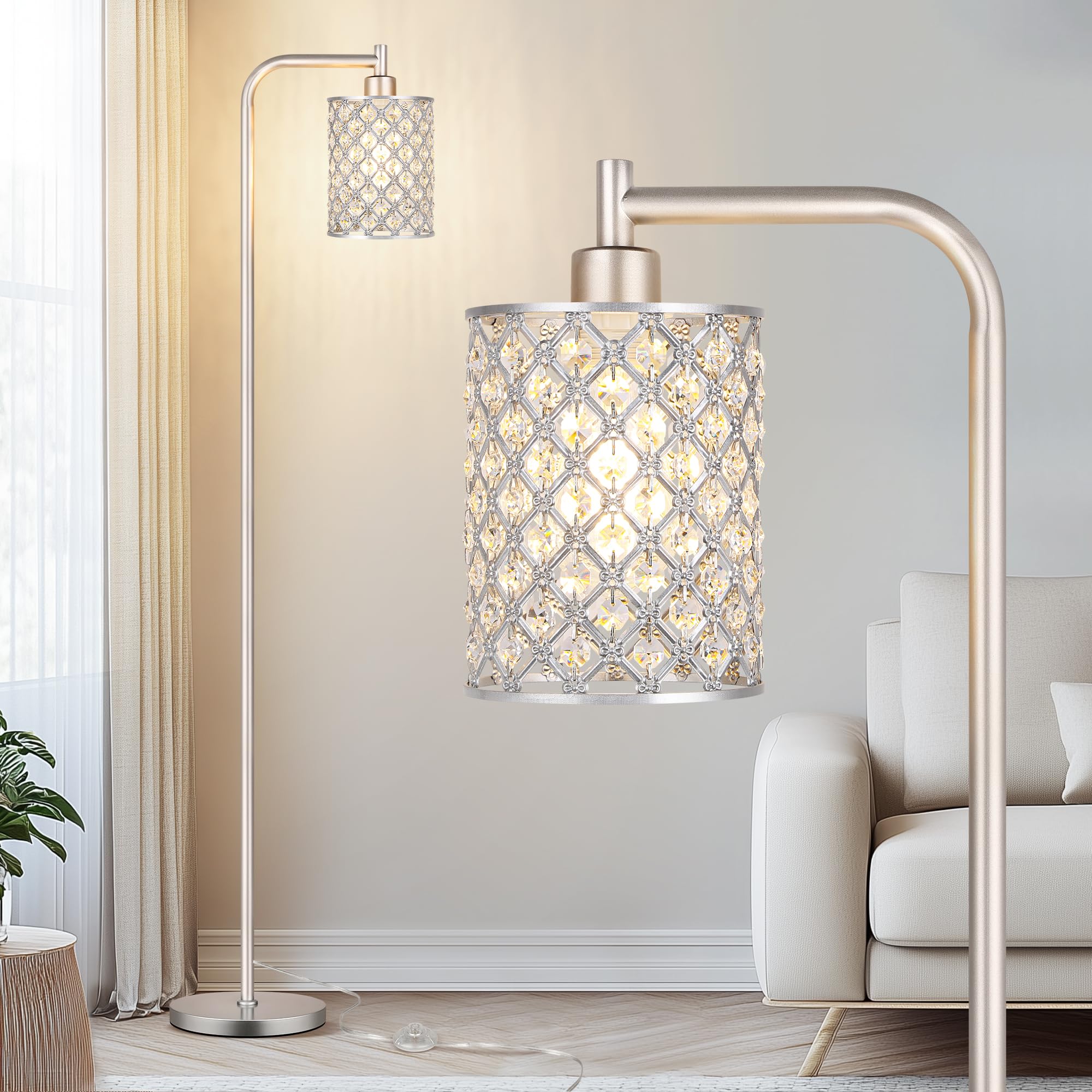 Qimh Industrial Floor Lamp For Living Room, Modern Standing Lamp With Crystal Lampshade Pedal Switch, 67    Tall Lamp For Bedroo