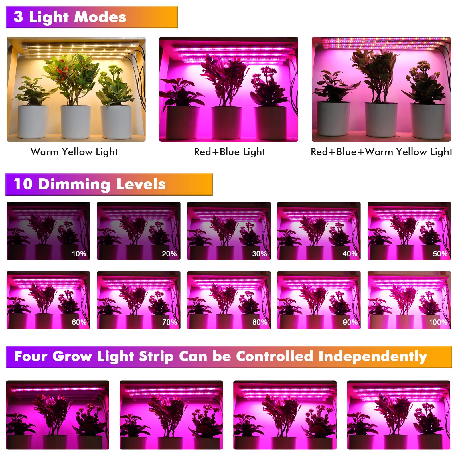Felibeaco LED Plant Grow Light Strip - 4 Pack, Full Spectrum, Auto ON/OFF Timer, 10 Dimmable Brightness, Black, Indoor Growing Lamp
