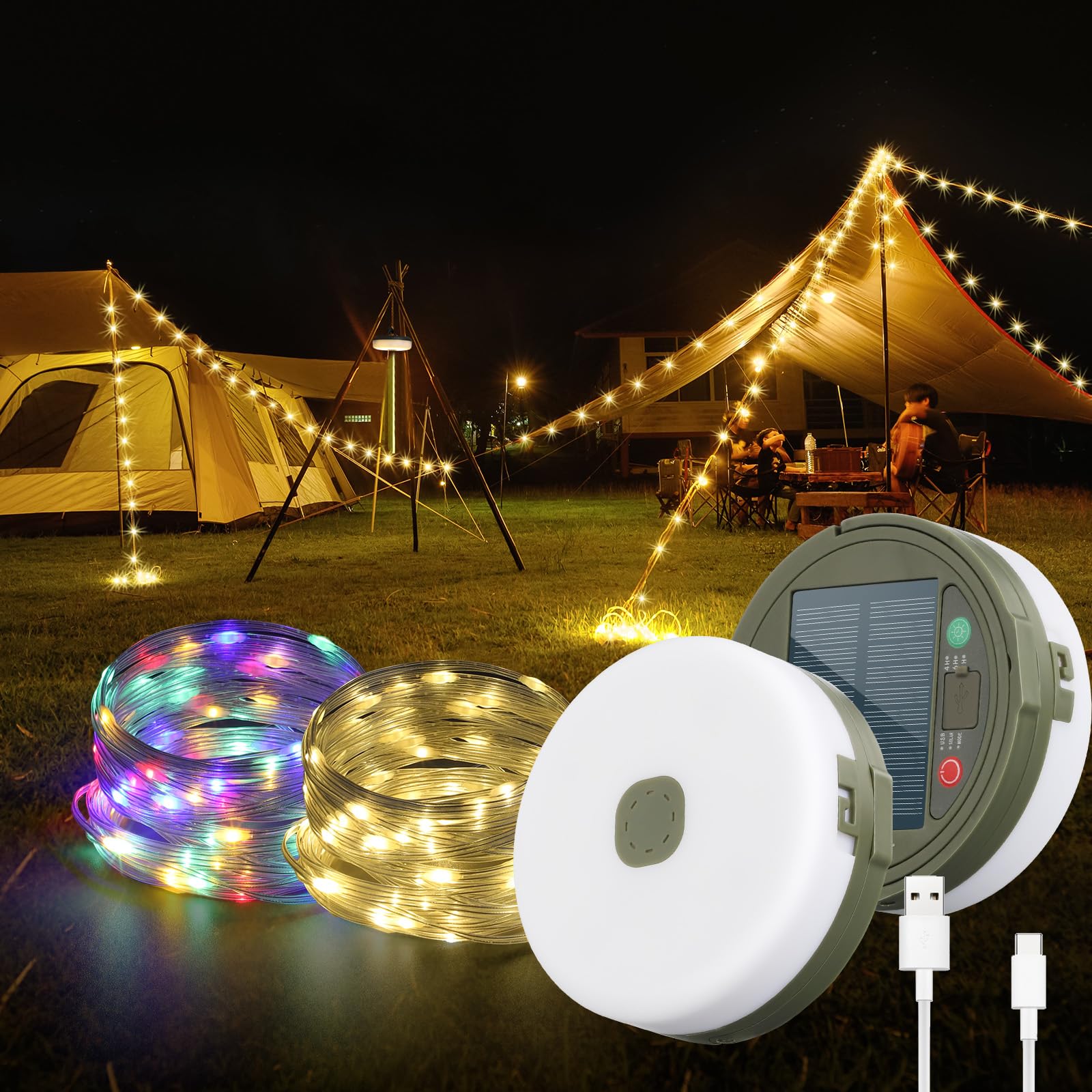 UOUNE Camping String Lights, 32.8Ft Solar Camping Lights, Portable Waterproof Camp Lamp with 13 Lighting Modes, Hanging Recharge