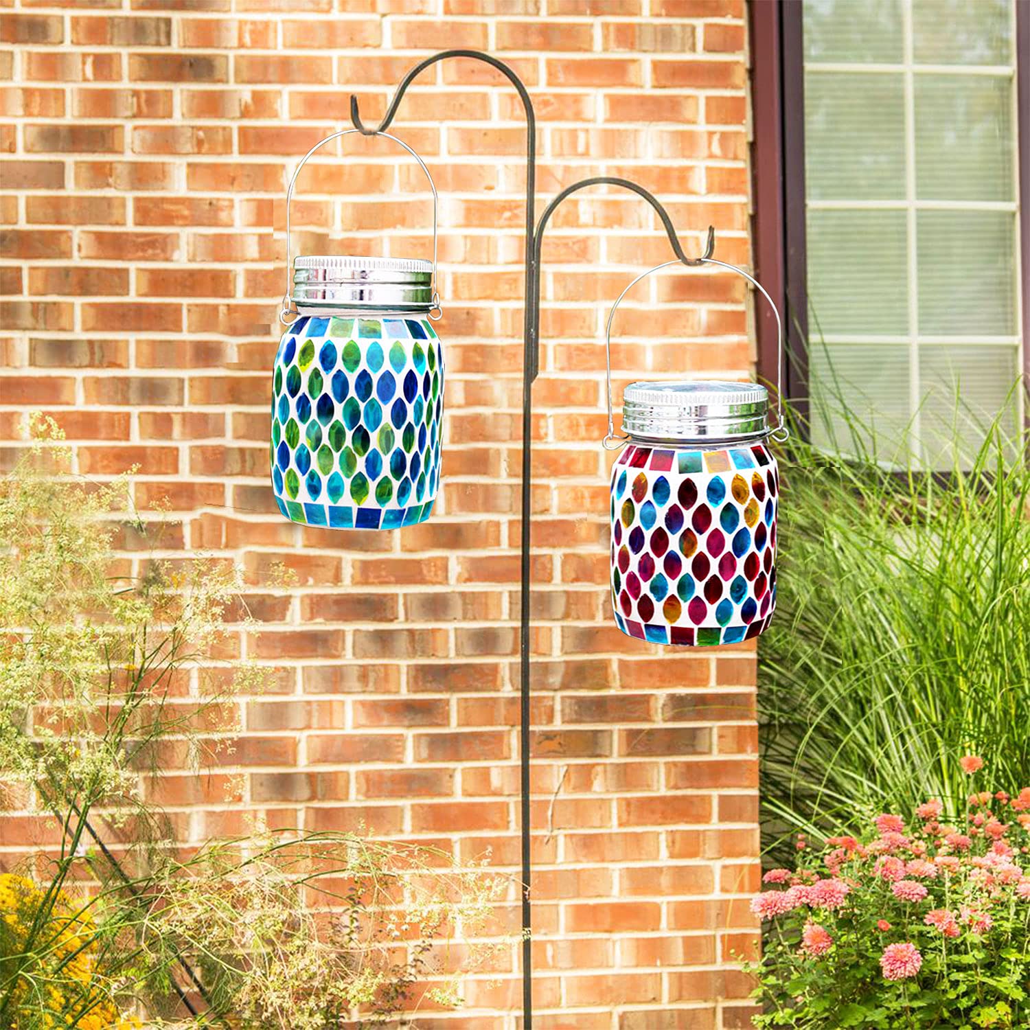 2 Pack Solar Outdoor Mosaic Lantern,Solar Lights Outdoor Hanging Lanterns Rechargeable Waterproof Table Lamp Mosaic Night Light