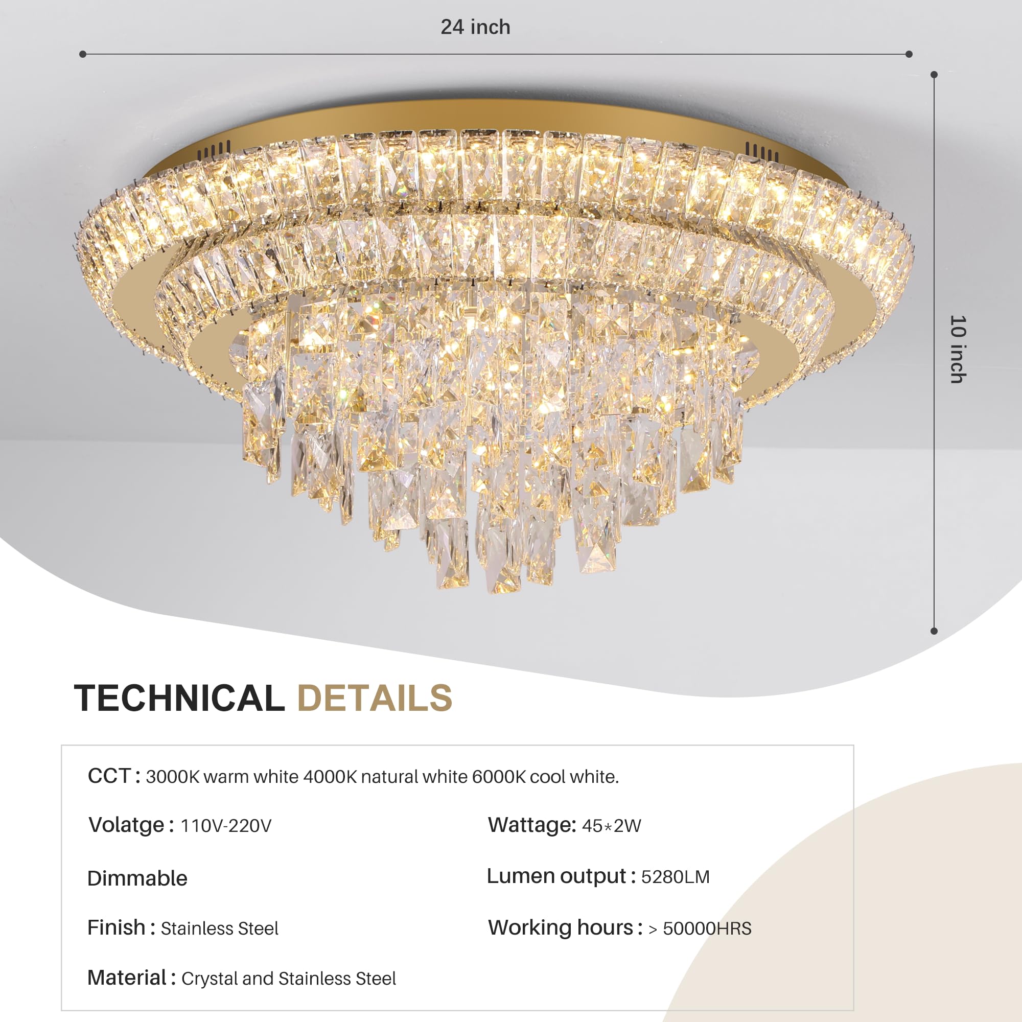 Redstar 24'' Crystal Gold Ceiling-Light Flush Mount With Remote Control, 3 Colors Temp & Brightness Adjustable, Modern Crystal R
