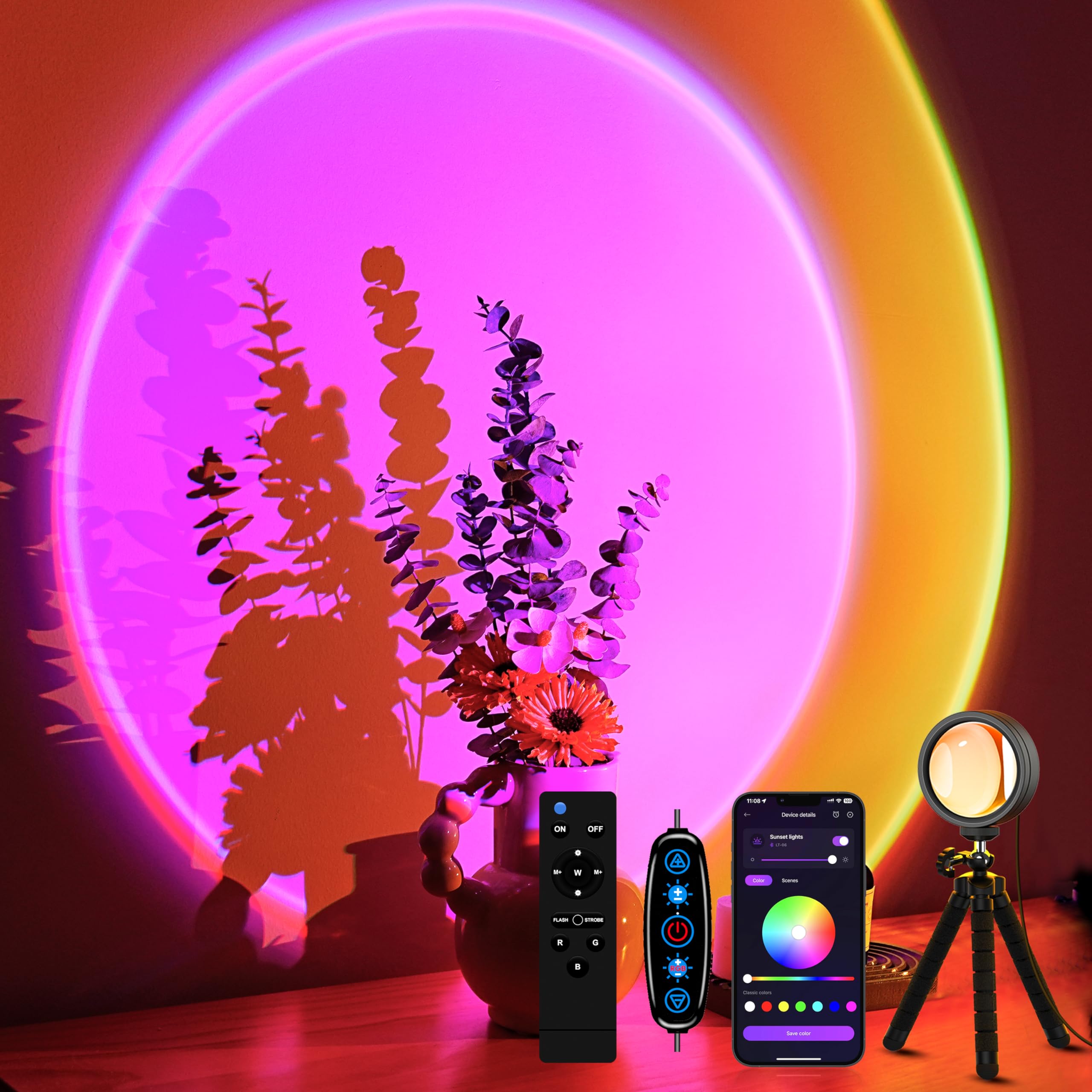 XEBKOR Sunset Projection Lamp with Remote/APP Control,Multi-Color LED Sunset Light Night Light,360 Degree Rotation Sunset Lamp for Photography/Party/Room Decor,Gifts for Christmas,Thanksgiving Day