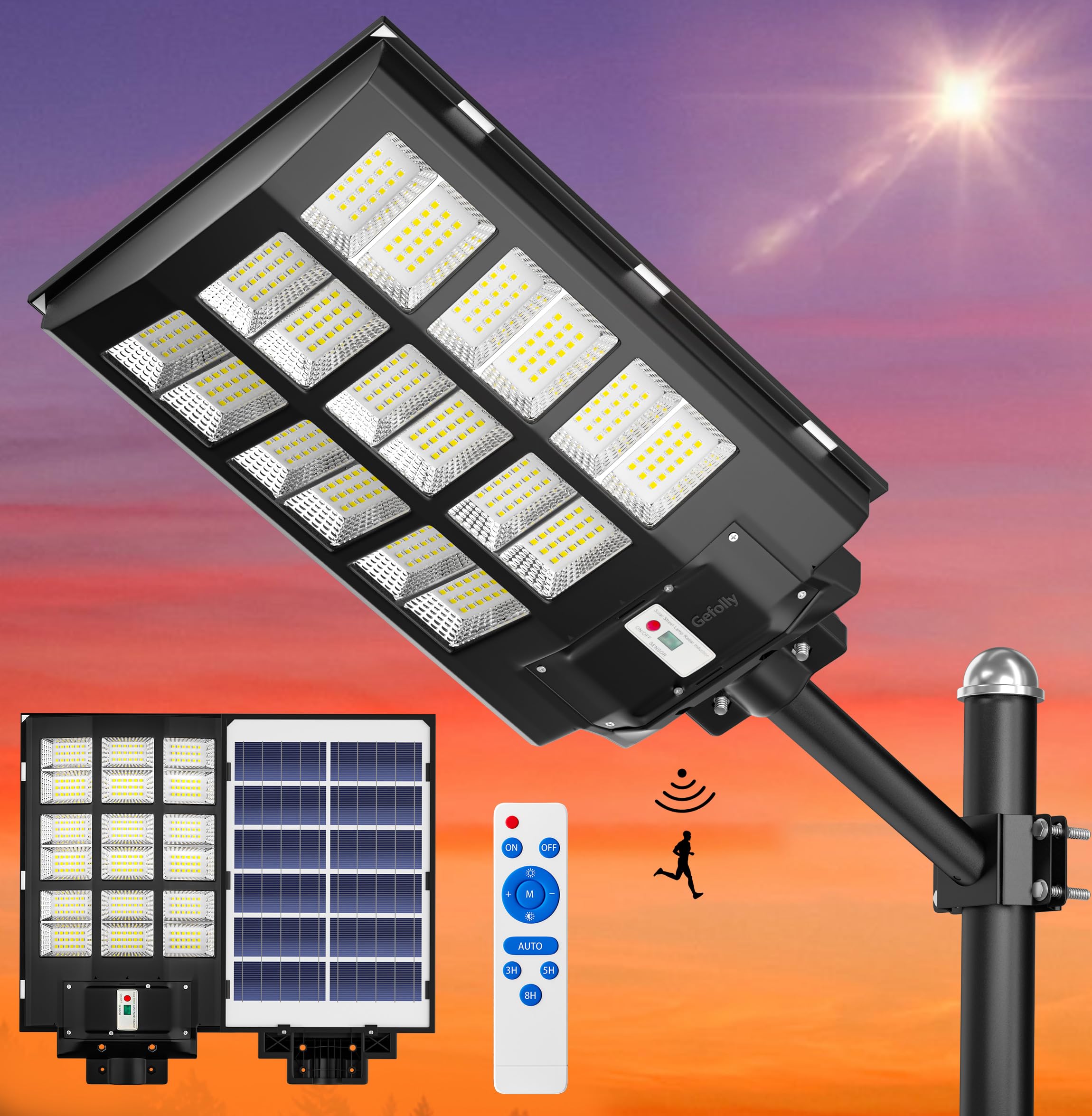Gefolly Solar Street Light, 360000LM, Dusk to Dawn, Motion Sensor, 3600W, Black, Model SL-3600W