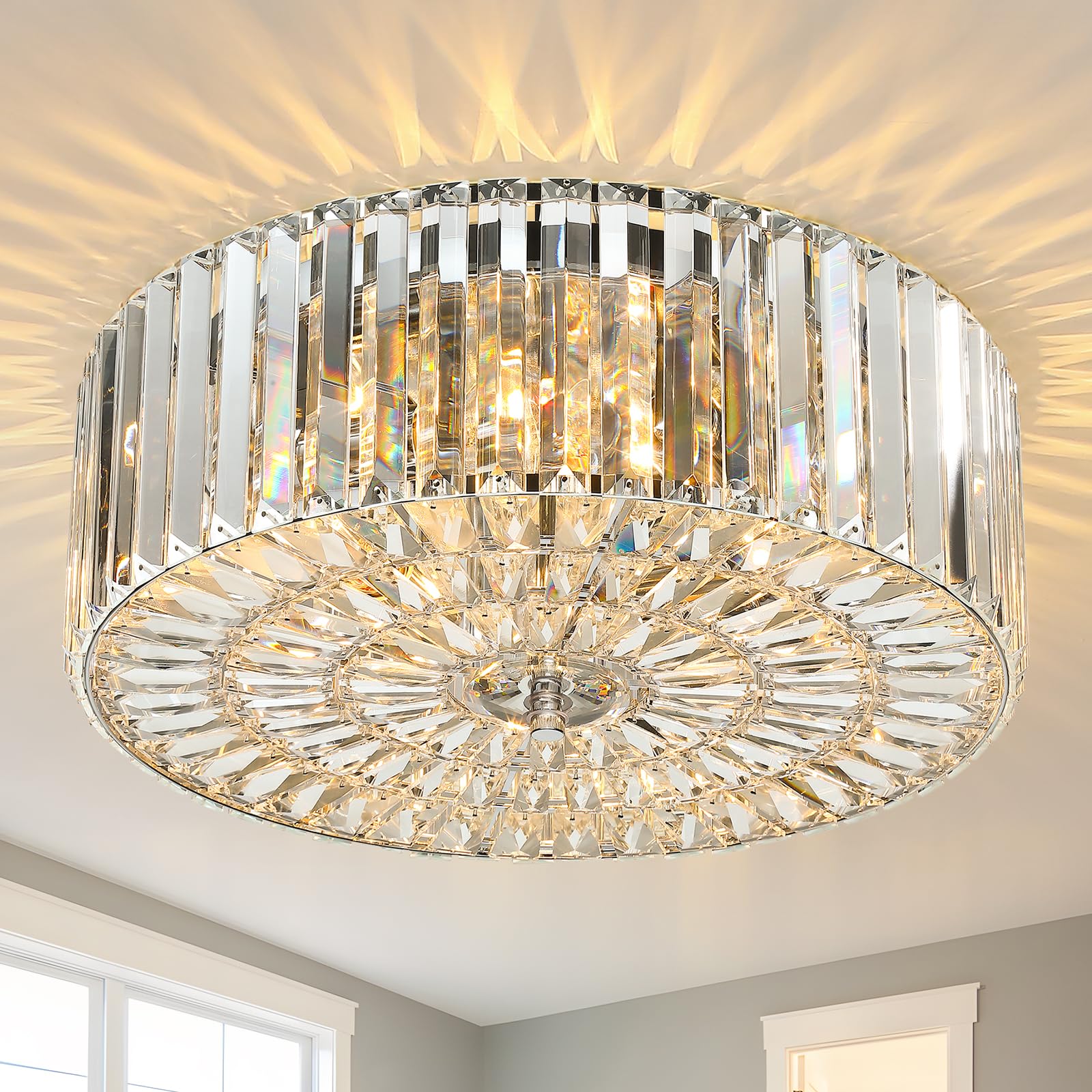 pasentel 17.5 Large Crystal Ceiling Light  4-Lights Flush Mount Crystal Ceiling Light  Chrome Ceiling Lamp Modern Chandelier for Bedroom  Dining Room Living Room  XDD007-4-CH