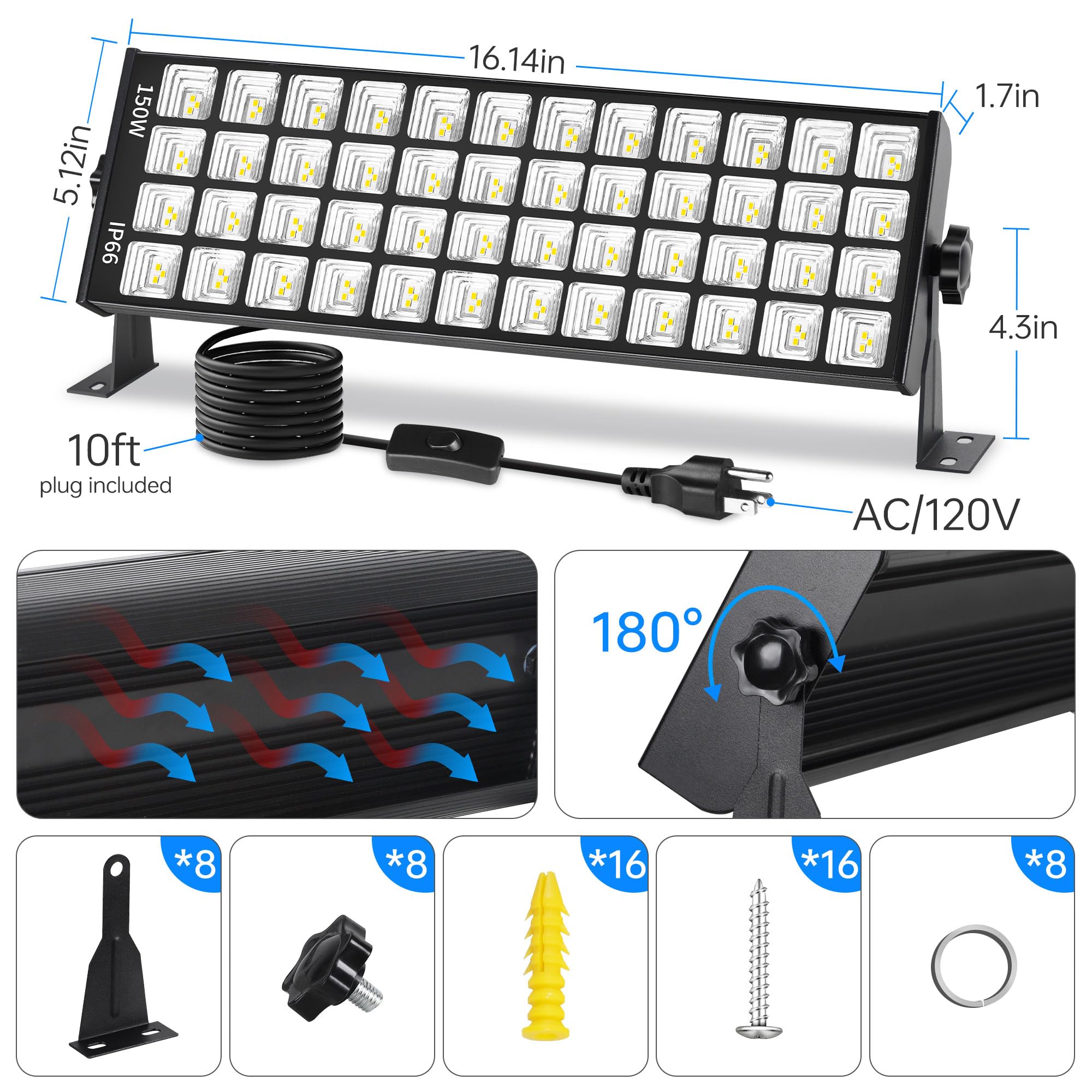 Yqnlifa 150W Led Shop Light  18000Lm 6000K Daylight White Super Bright  Ip66 Waterproof Garage Light With On/Off 10 Ft Cord Bay Lighting For Workshop Yard Garage Warehouses Yard 4 Pack