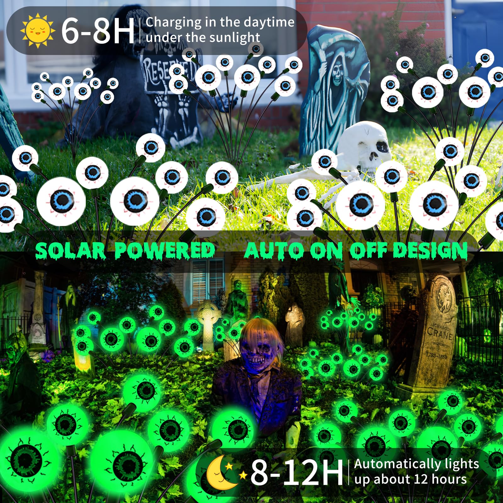 Halloween Eyeballs Solar Lights, 2 Pack 20 Led Green Outdoor Light With 2 Modes, Scary Swaying Firefly Decoration Lights - Waterproof Solar Halloween Path Lights For Yard/Garden/Lawn/Party Decor