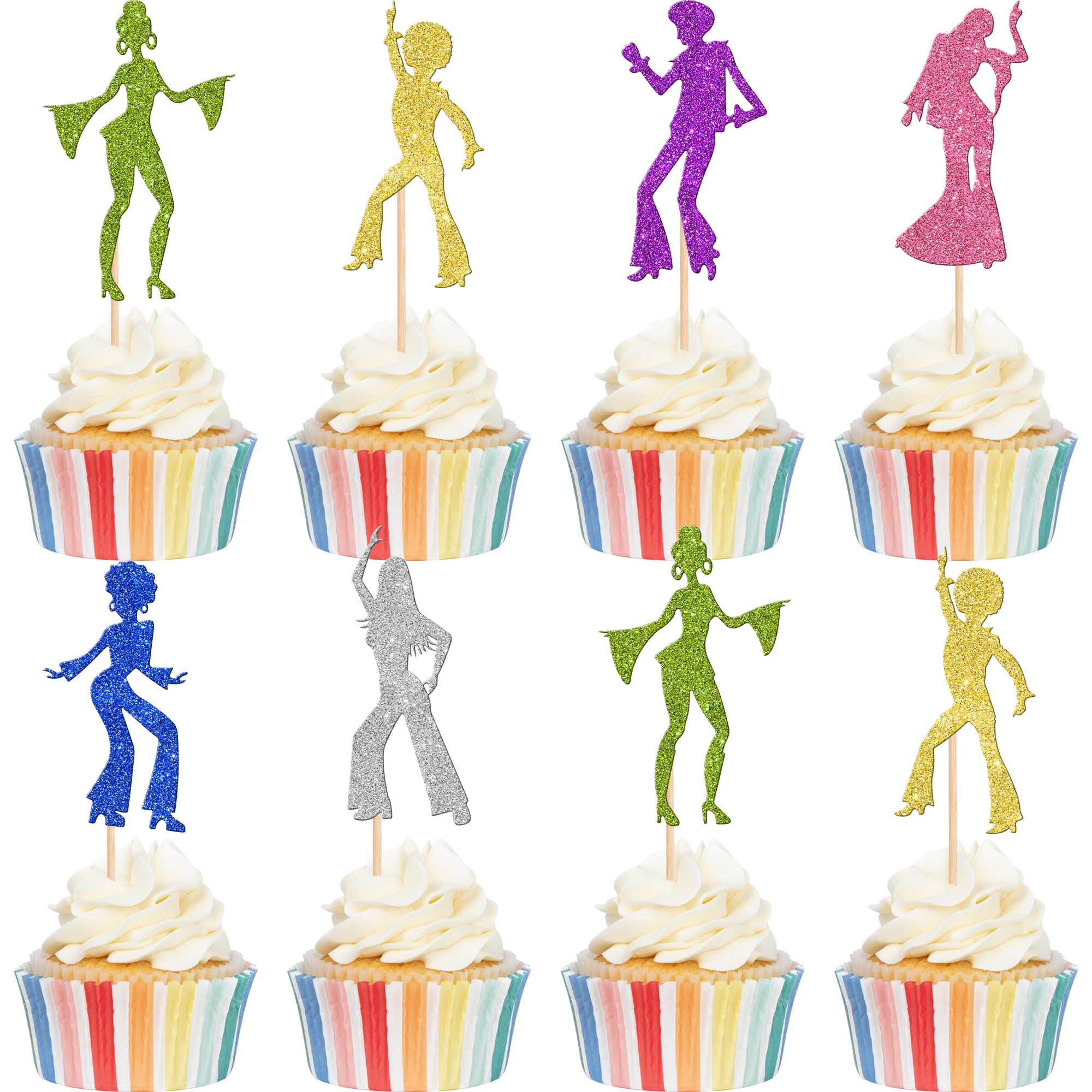 ZHUOWEISM 24 PCS 70s Disco Cupcake Toppers Glitter Paper Picks Colorful for Birthday Party Decorations