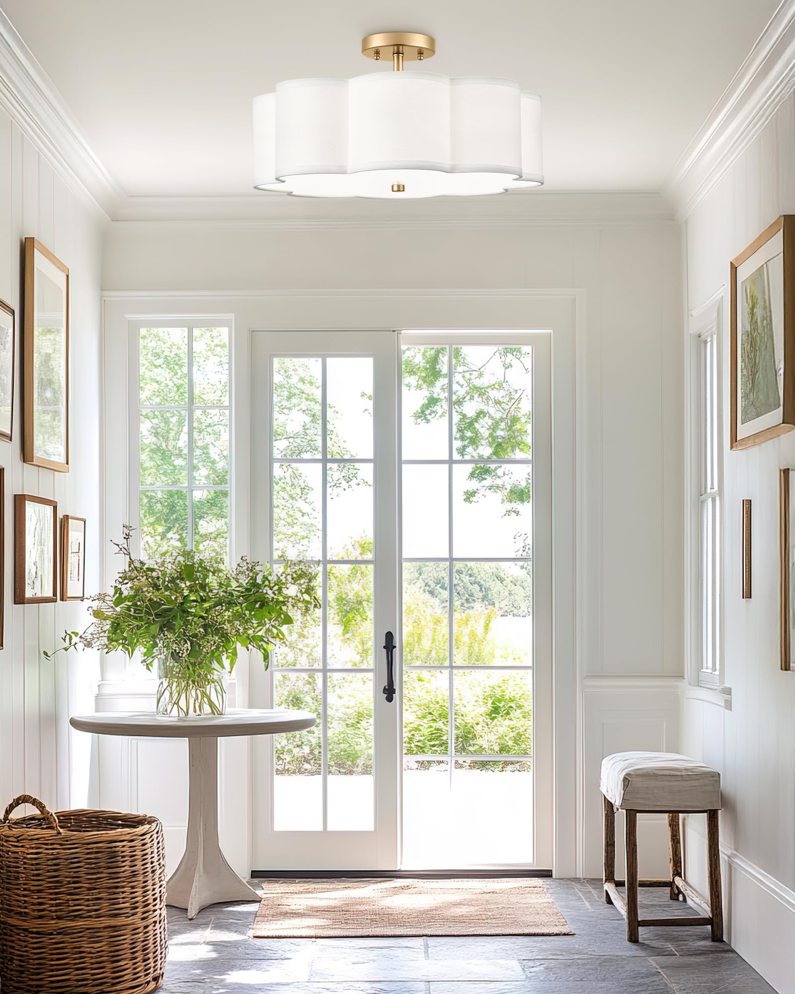 Audickic Gold Semi Flush Mount Ceiling Light, 3-Light 13'' Ceiling Light Fixtures With Fabric Shade In Flower Shape, Farmhouse B