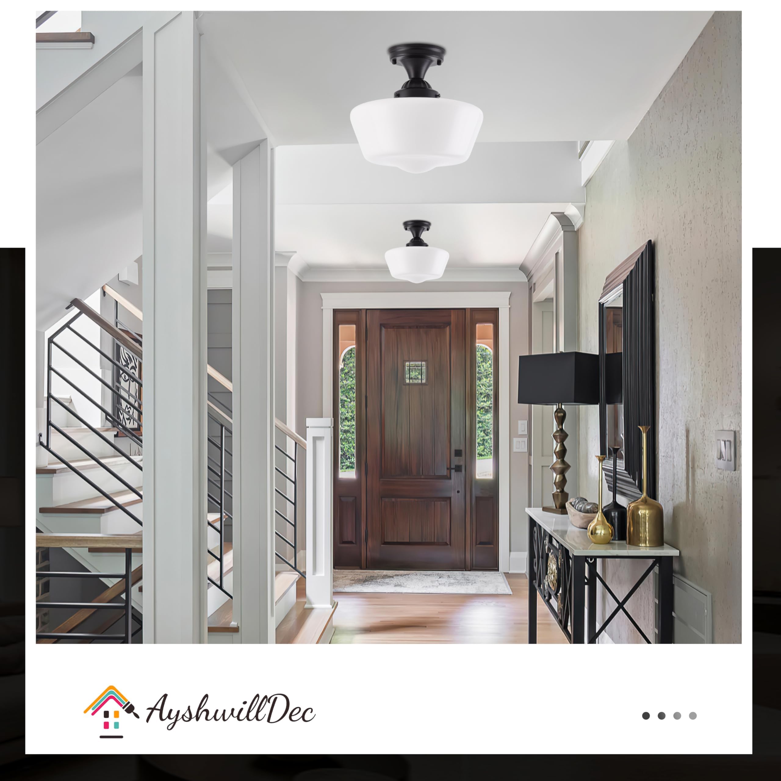 Ayshwilldec 12'' Mid Century Black Semi Flush Mount Light Fixture With Milk Glass, Led Bulb