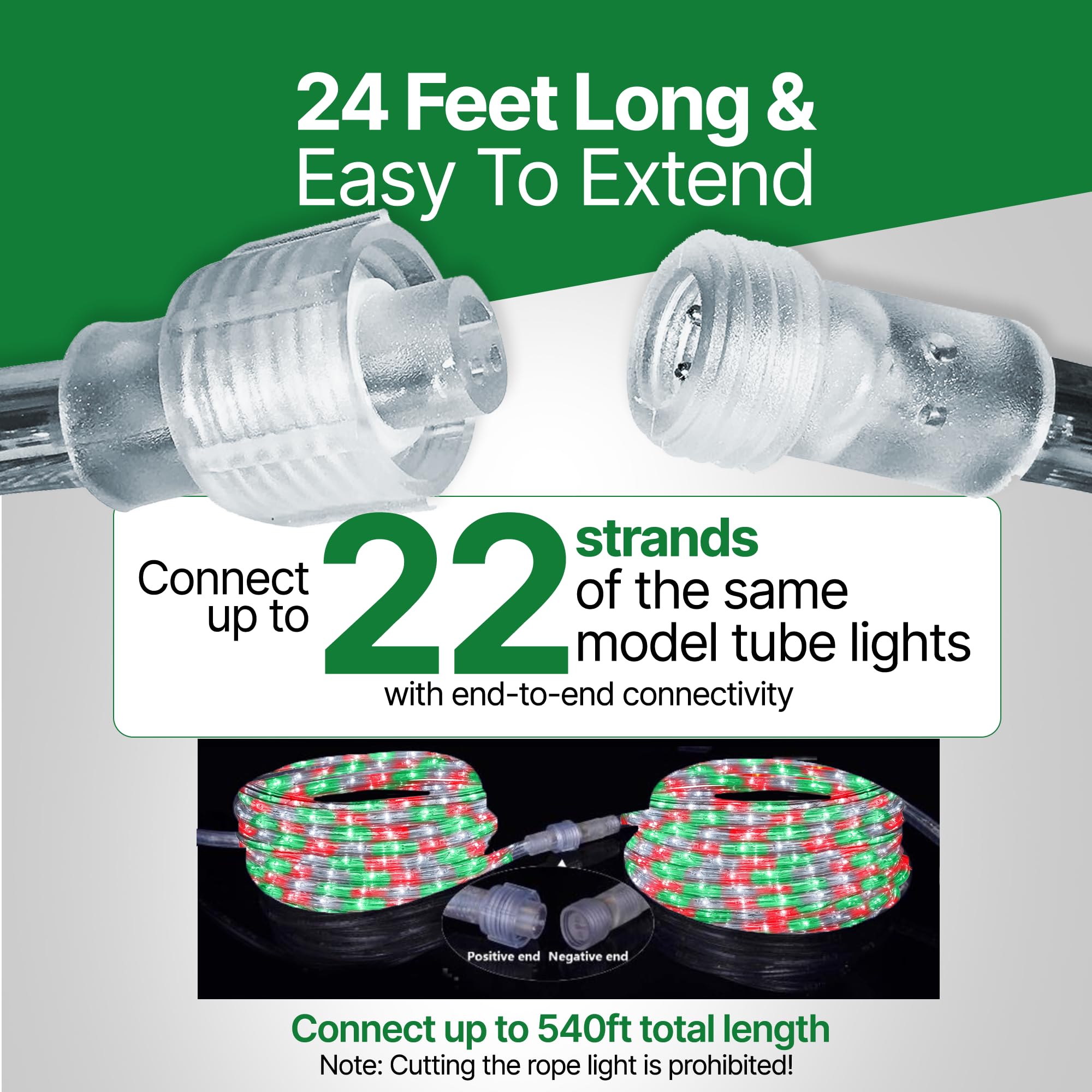 Tupkee LED Rope Light - 24 Feet, Red/Green/Clear, PVC Tube, 144 Long Life Bulbs, Indoor/Outdoor Use, Model RL-24-R/G/C