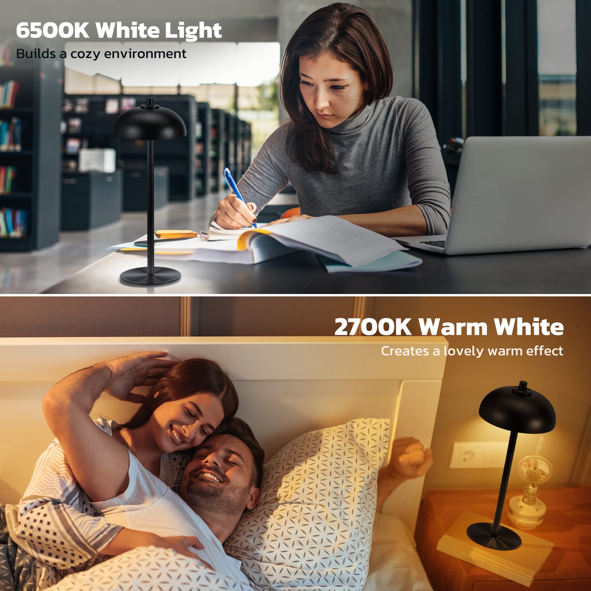 JONEMO Rechargeable Cordless Table Lamp 2 Pack - 5000mAh Battery, 3 Color Dimming, Aluminum, Black, Model MOGU