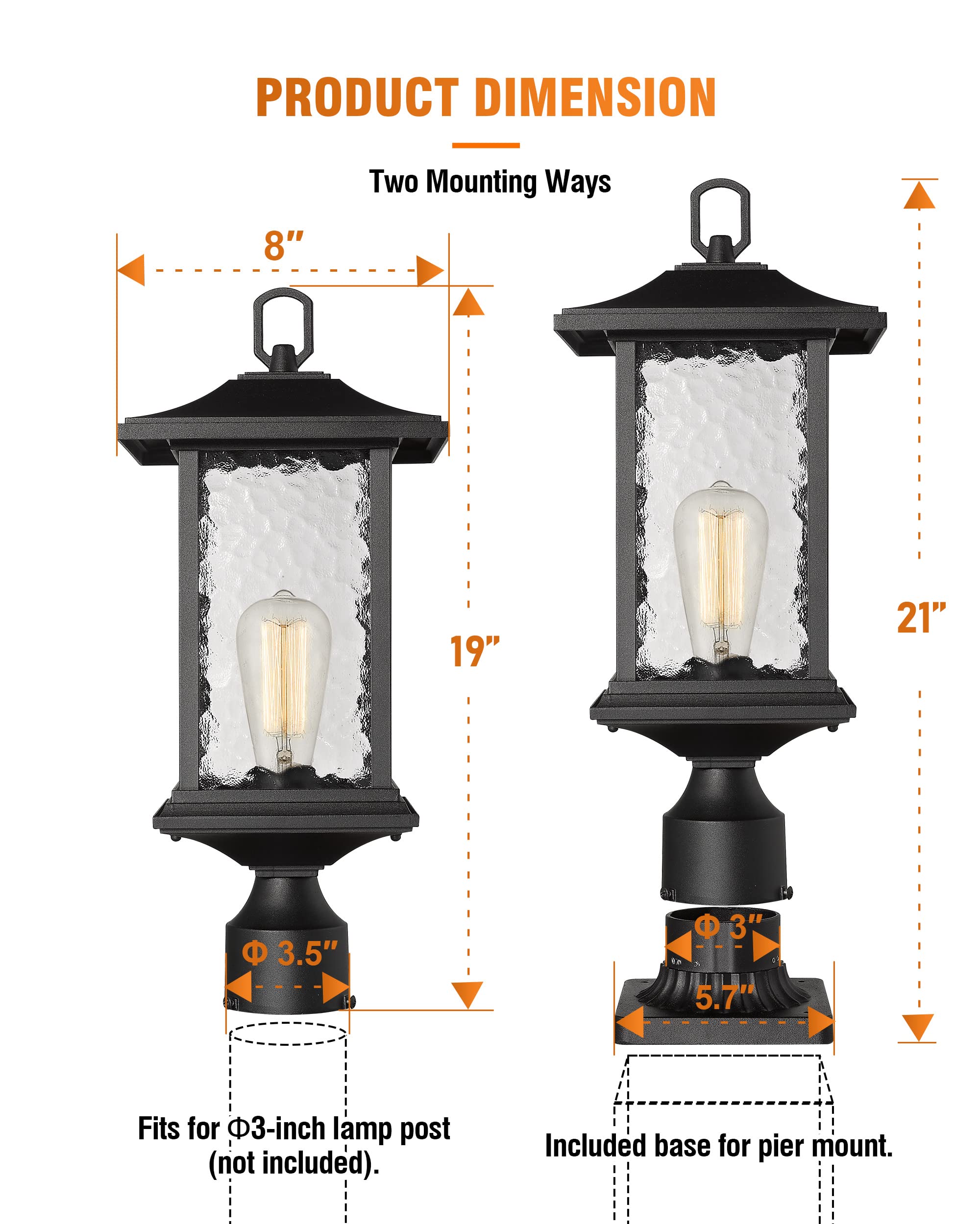 Beionxii Outdoor Post Lights - 21" Large Black Aluminum Lantern - Dusk to Dawn, 2-Pack with Water Glass - Model BXA272-P-2PK