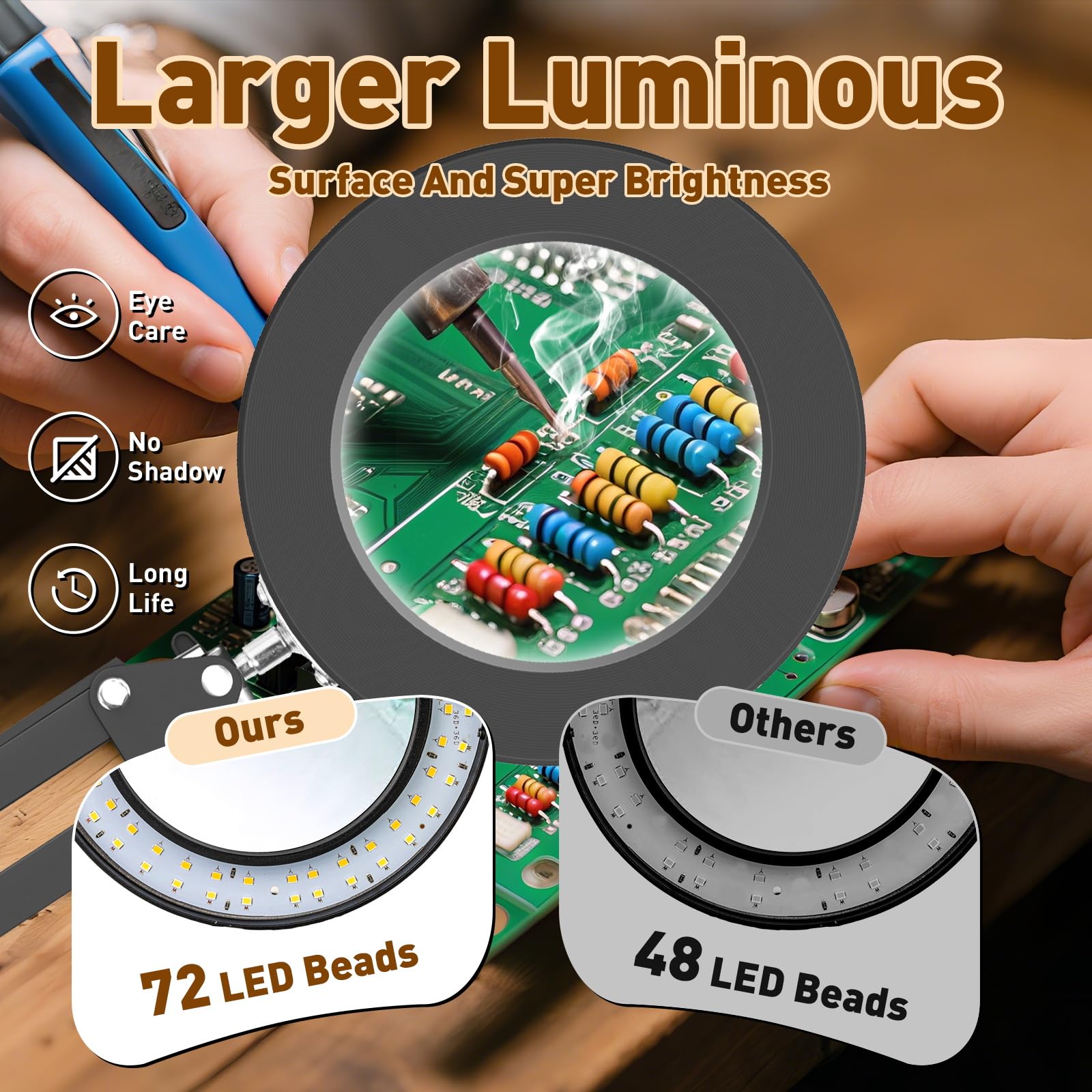 KIRKAS 10X Magnifying Glass with Light, 72 LEDs, 3 Color Modes, Metal, Black, Model KR-DB-Black