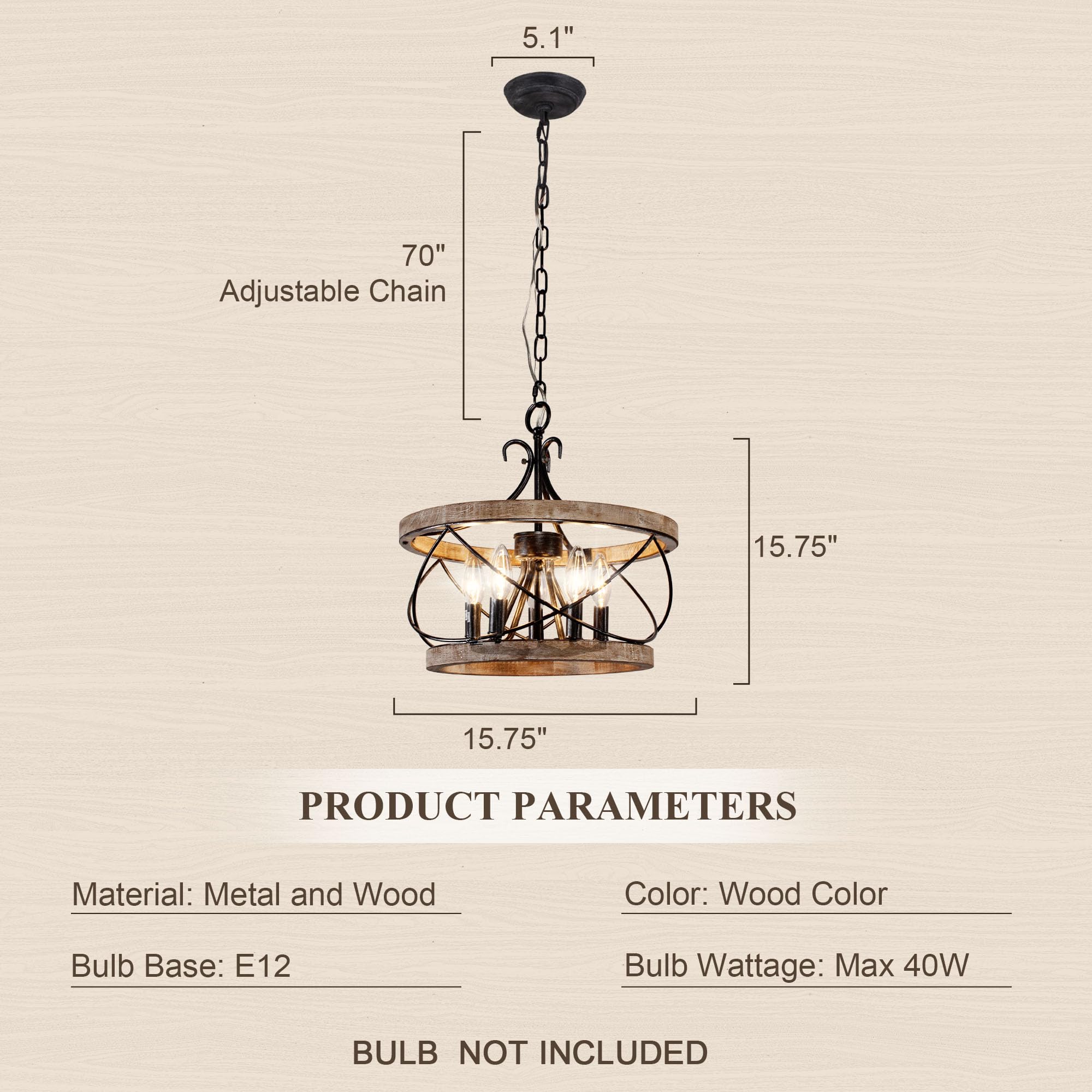 Chords Attic 5-Light Wood Chandelier, Rustic Industrial Pendant, 15.7", Brown, Model FC4059-5H for Kitchen Island & Dining Room