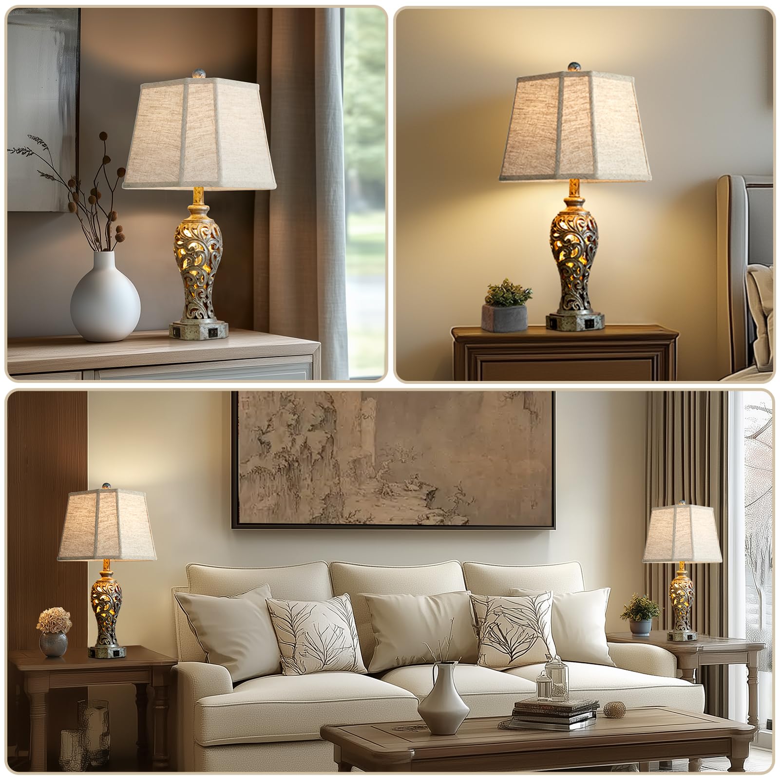 Vintage Table Lamps Set Of 2 For Living Room Bedroom, 2 Usb Ports 25'' Rustic Farmhouse Desk Lamp With Nightlight, Iron Gray Hol