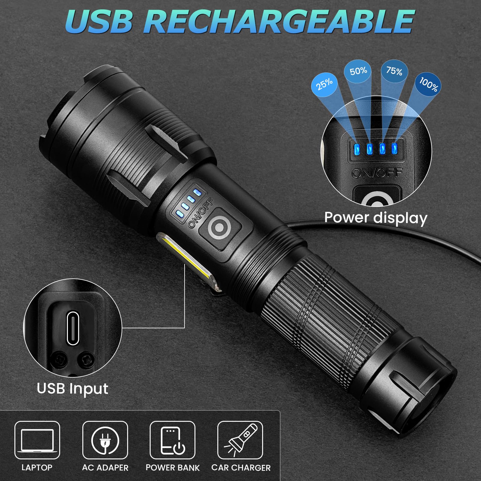Rechargeable LED Flashlights High Lumen,90,000 Lumens Super Bright Flashlight,Powerful Flash Light 7 Modes with COB Work Light W