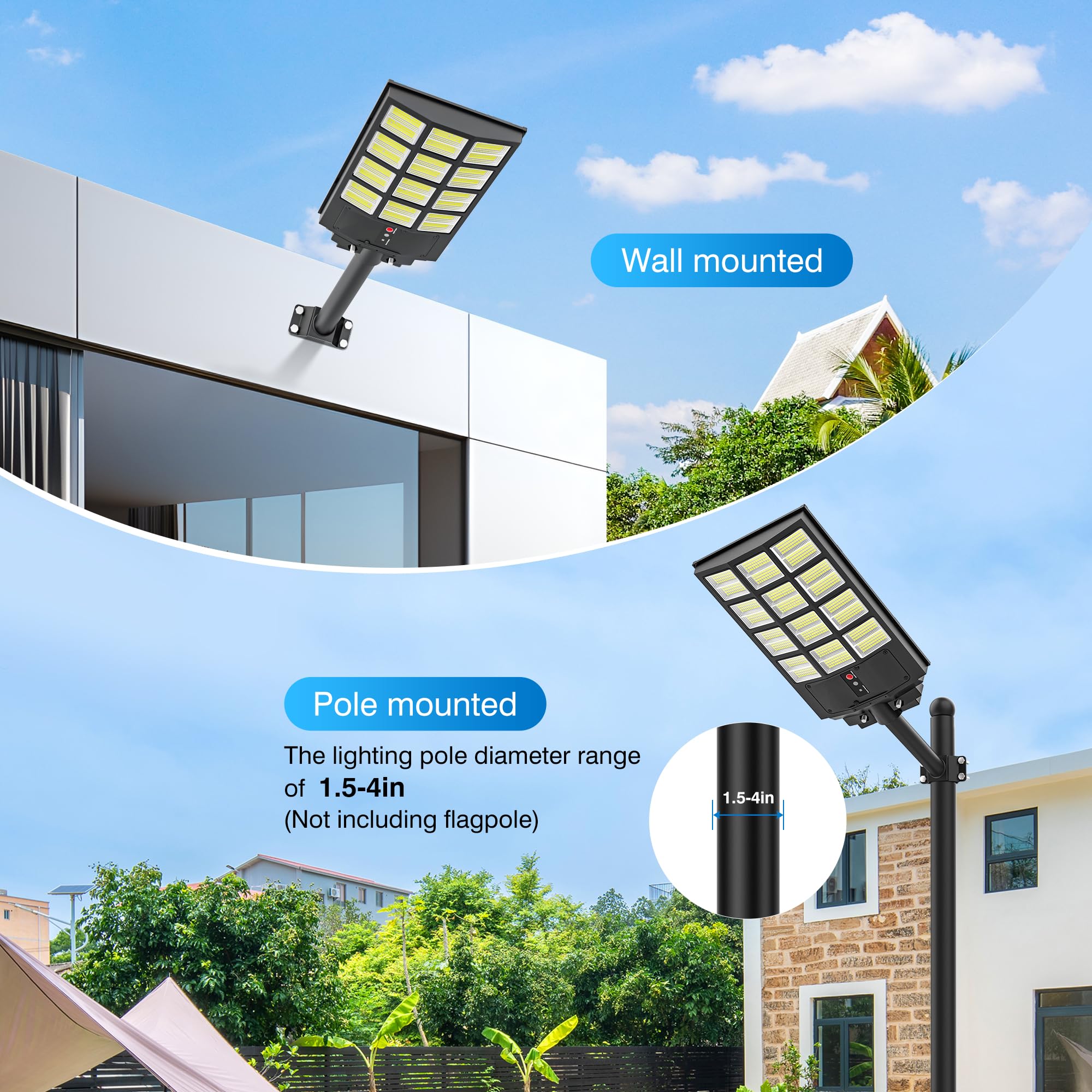 OKPRO 5000W Solar Street Light - IP66 Waterproof, 6500K, LED with Motion Sensor, Remote Control, Black, 2 Pack