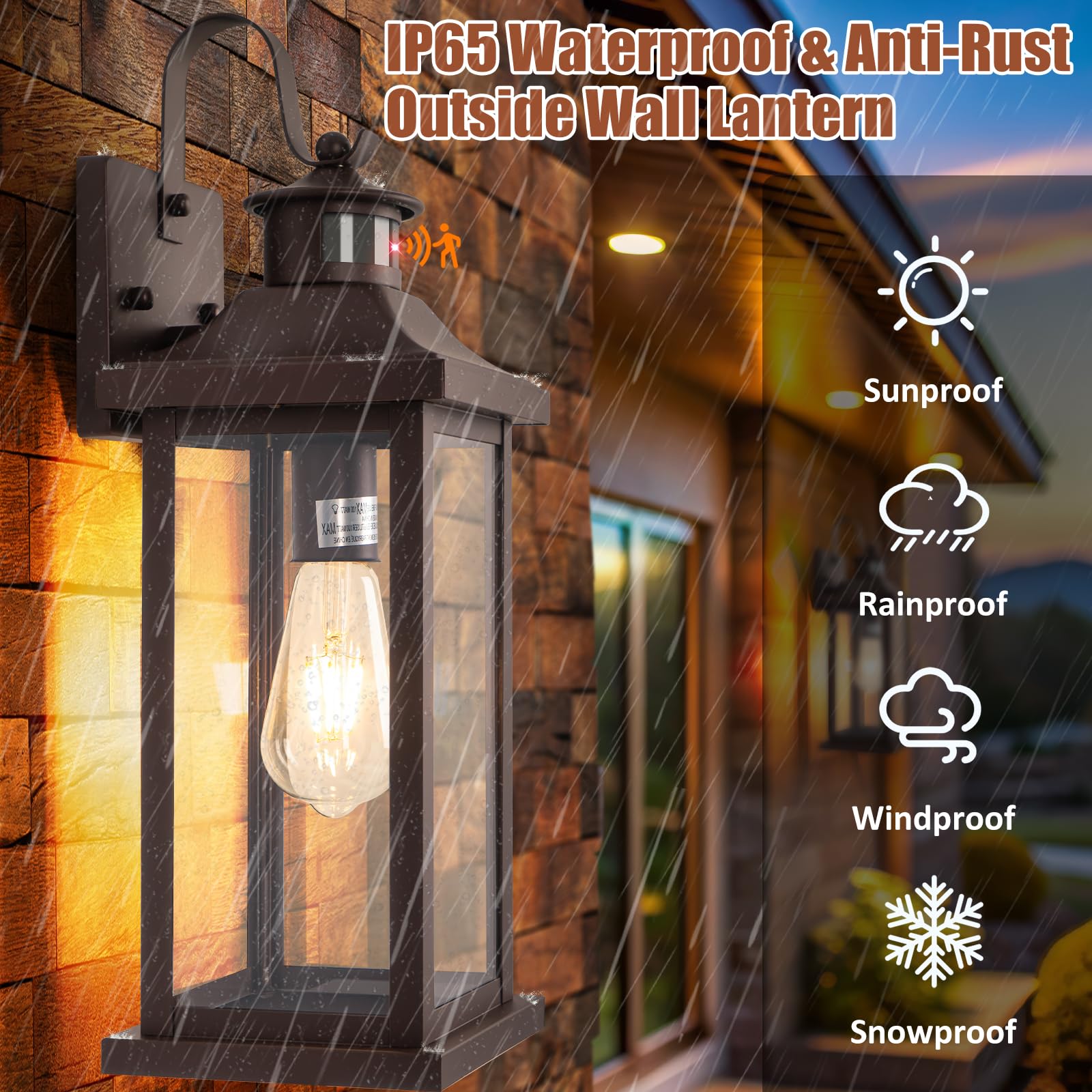 Roravilila 1-Pack 18 Inch Oil Rubbed Bronze Motion Sensor Outdoor Wall Lantern Ip65 Waterproof, Large Brown Dusk To Dawn Outdoor