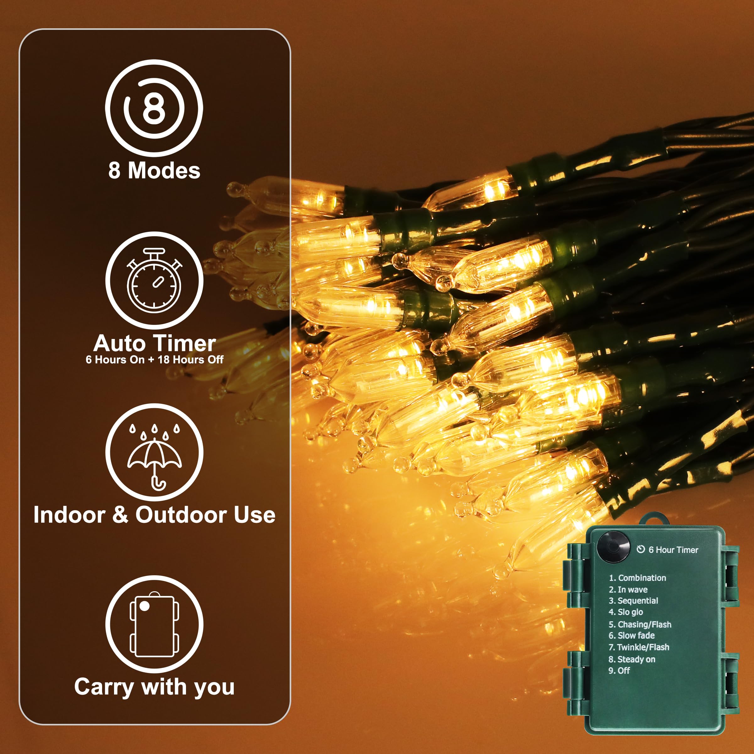 Ammaker Battery Operated Christmas Lights, 41Ft 120 Led String Lights 8 Modes With Timer Mini Lights For Indoor Outdoor Wreath Wedding Party Garden Home Decor, Waterproof, Warm White