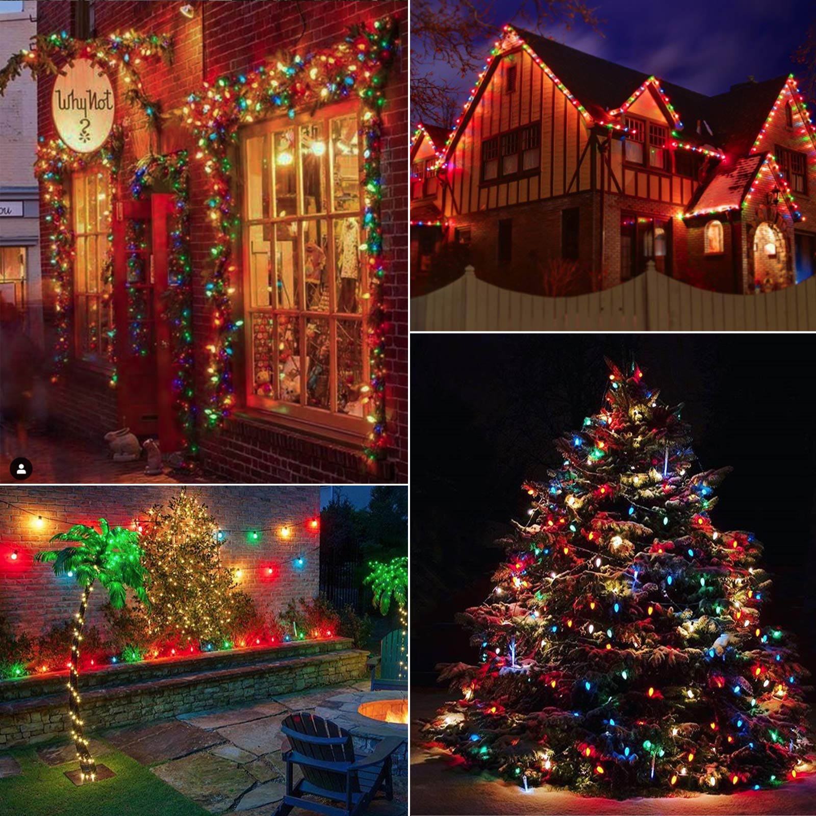 Minetom C7 LED Christmas Lights Outdoor, 50FT Multicolored String Lights, 50+2 Plastic Bulbs for Tree Patio Fence Decorations