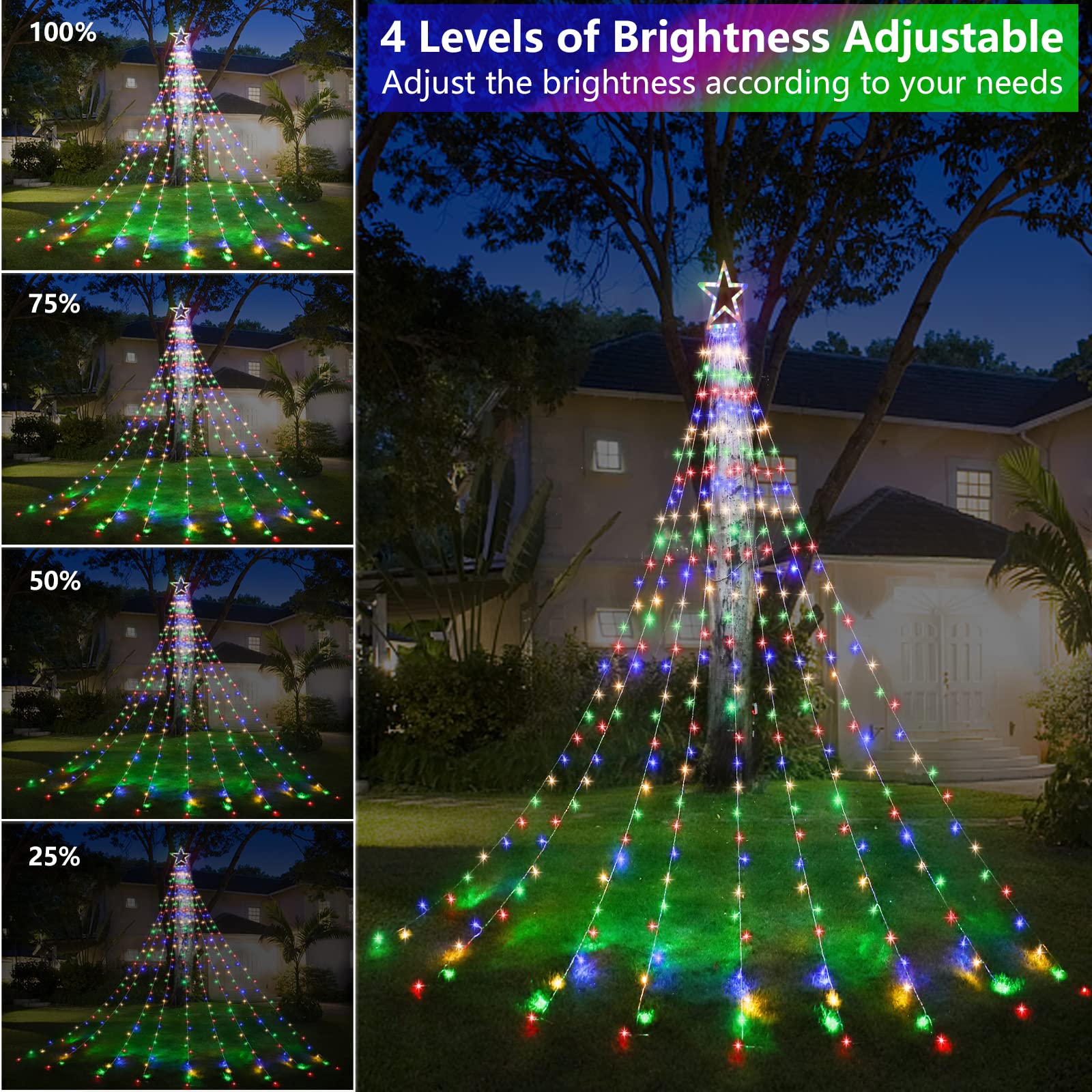 Decute Outdoor Christmas Decorations Star String Lights Color Changing Timer With Remote  Waterproof 320 Led Tree Toppers Fairy Lights For Yard Garden Backyard Holiday Decor Cool White + Multi-Color