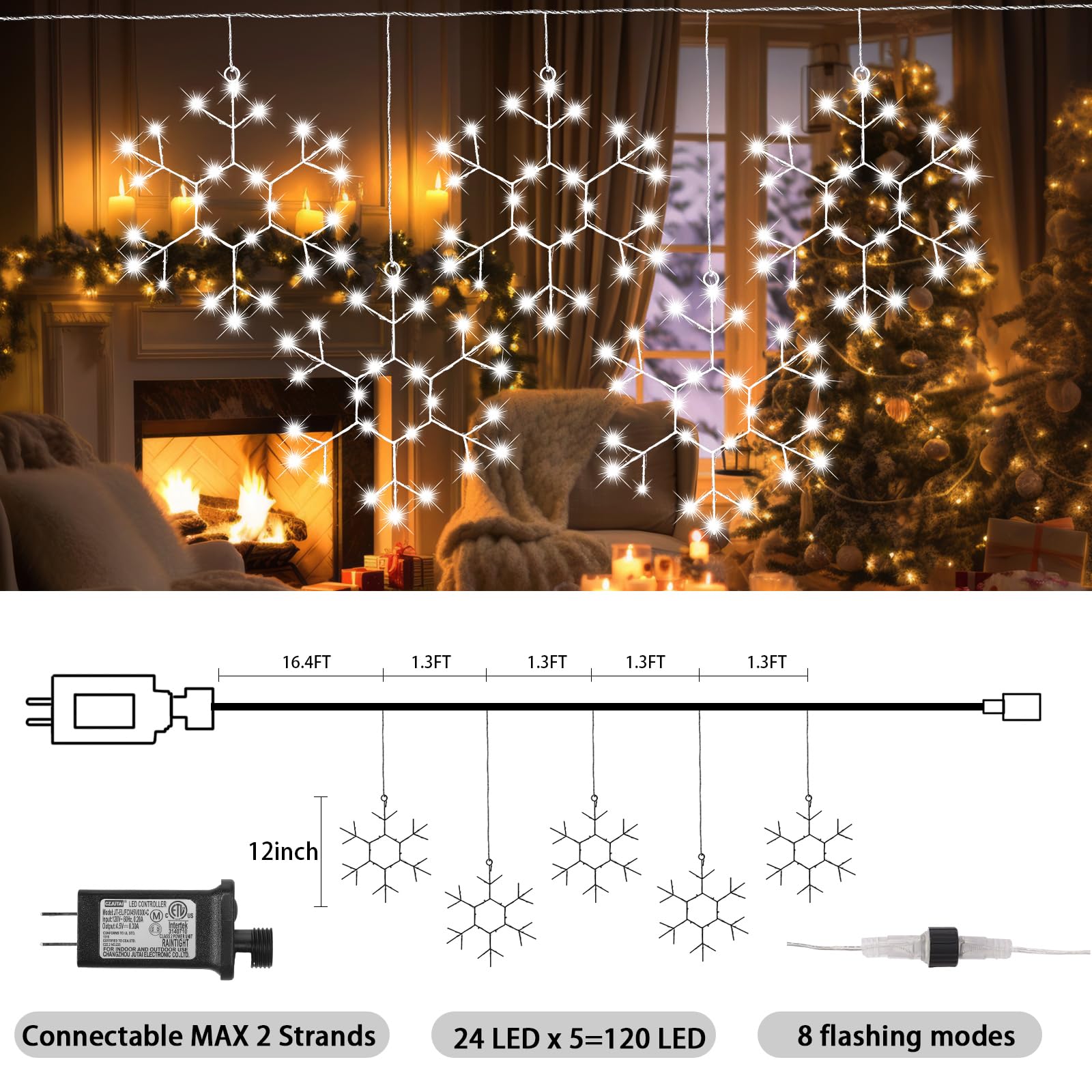 Baquler Snowflake String Lights - 5 Pcs LED 12-Inch White Hanging Decorations, 8 Modes, Indoor/Outdoor Christmas Decor