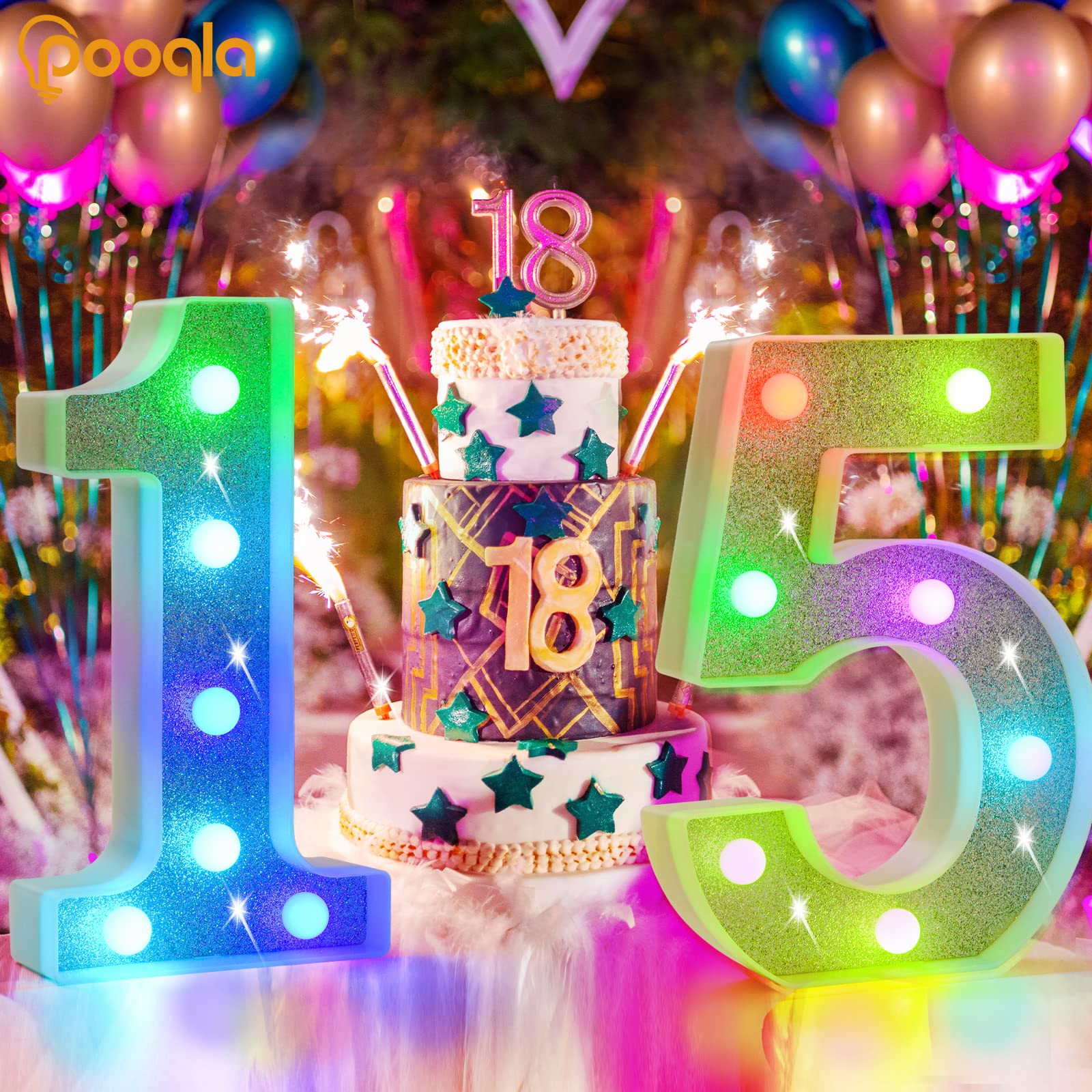 Pooqla Colorful Marquee Number 4 - RGB Light Up Decoration, Battery Powered, Glitter LED for Birthday, Wedding, Home, & Party