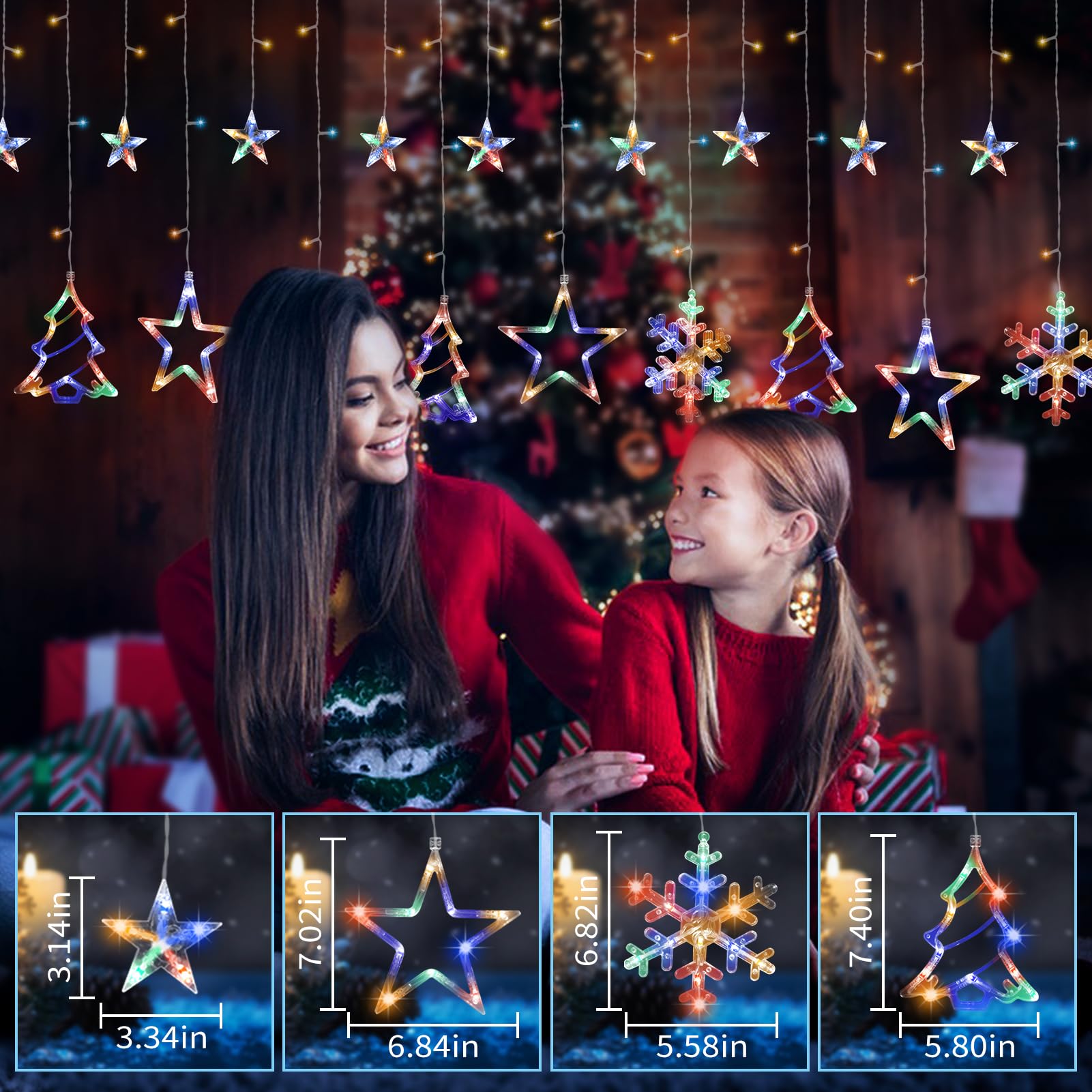 Christmas Window Lights Decorations, 138 Led Christmas Curtain Lights With 8 Lighting Modes, Christmas Tree Snowflake Star String Lights For Christmas, Weddings, Parties, Room Decor(Multi-Colored)