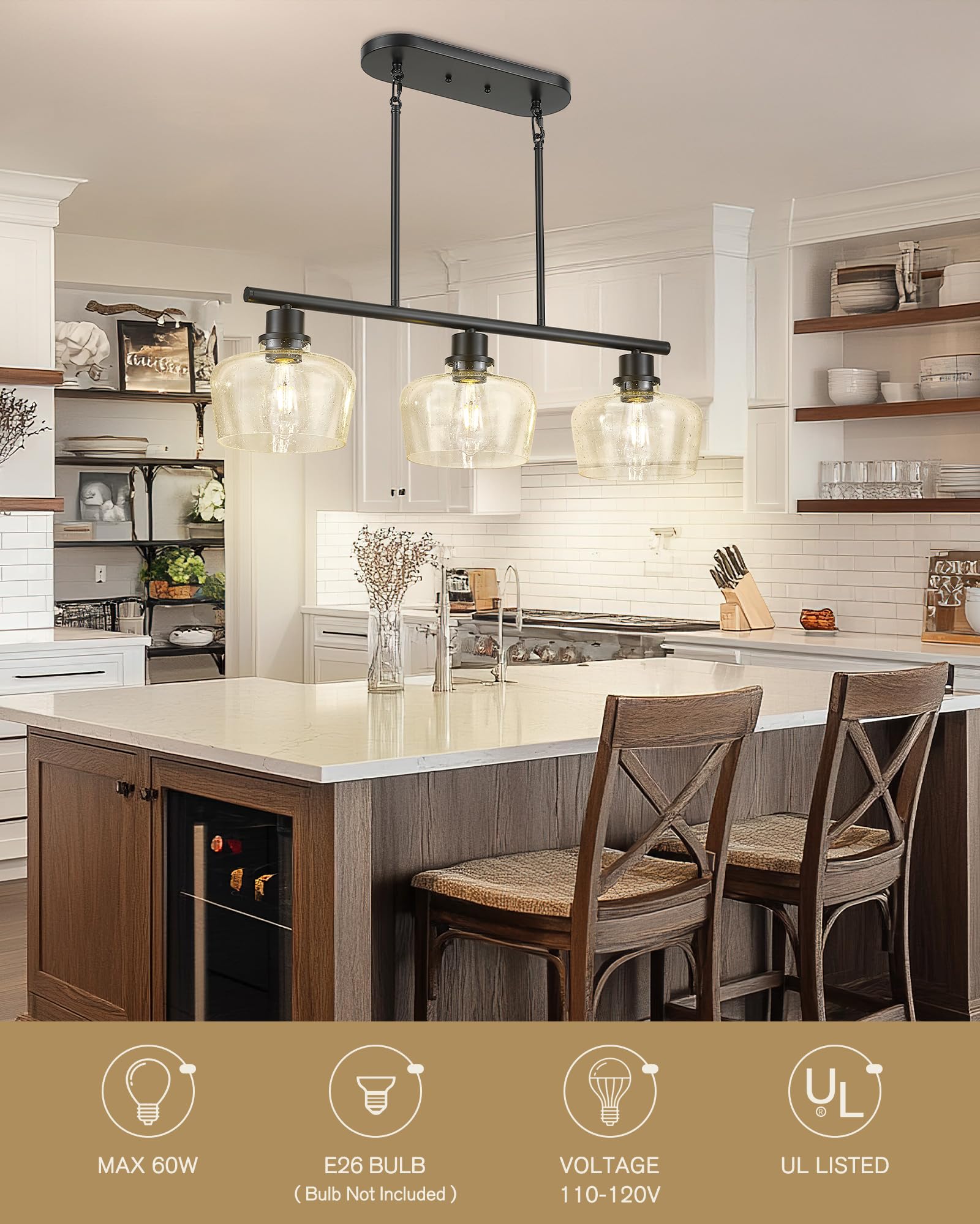 Emak Black Dining Room Light Fixture, Modern 32 Inch Linear Chandelier Lamp With Seeded Glass Shade, Farmhouse 3-Light Kitchen I