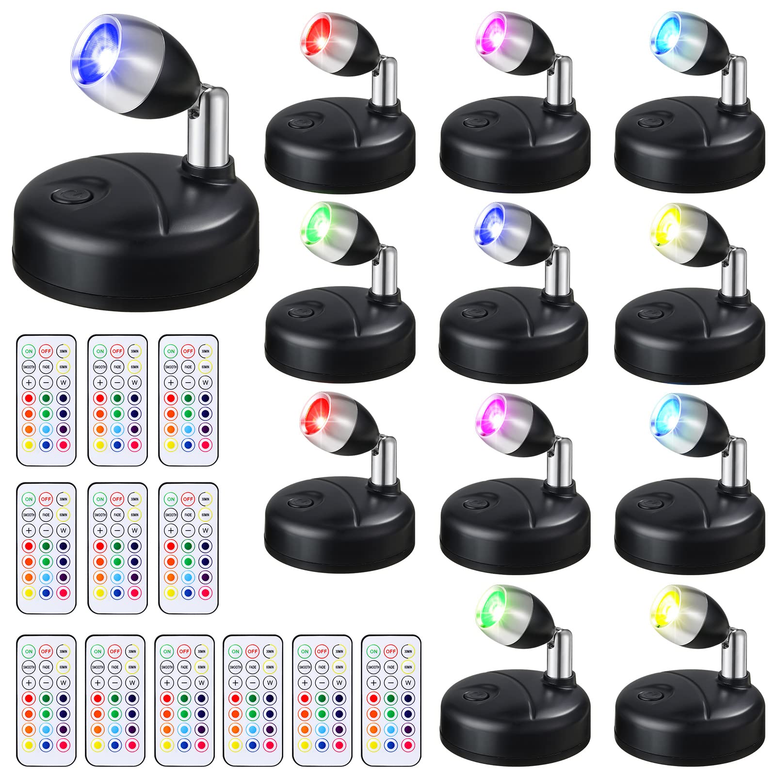 Tuanse 12 Pcs Battery Operated Spotlights Indoor LED Spot Display Lights Battery Powered Uplights 13 Colors Dimmable Mini Accent