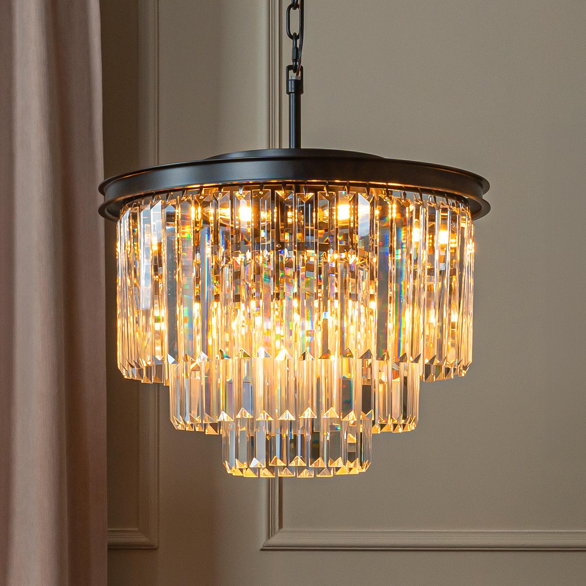 ALPADECOR 6-Light W 20 Modern Matte Black 3-Tier Round Fringe Crystal Chandelier Black Finish Frame Close to Ceiling Dual-Use Li