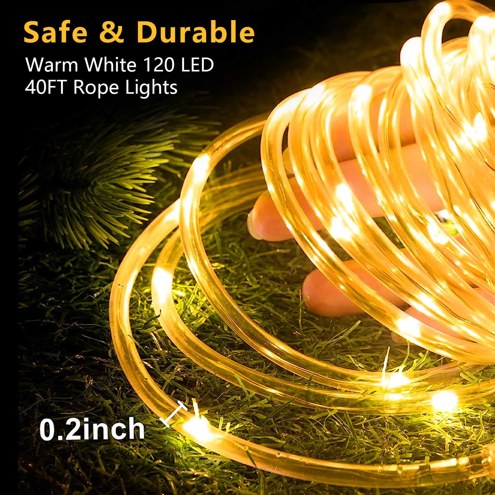 Bebrant Led Rope Lights Battery Operated String Lights-40Ft 120 Leds 8 Modes Outdoor Waterproof Fairy Lights Dimmable/Timer With Remote For Camping Party Garden Holiday Decoration(Warm 2 Pack)
