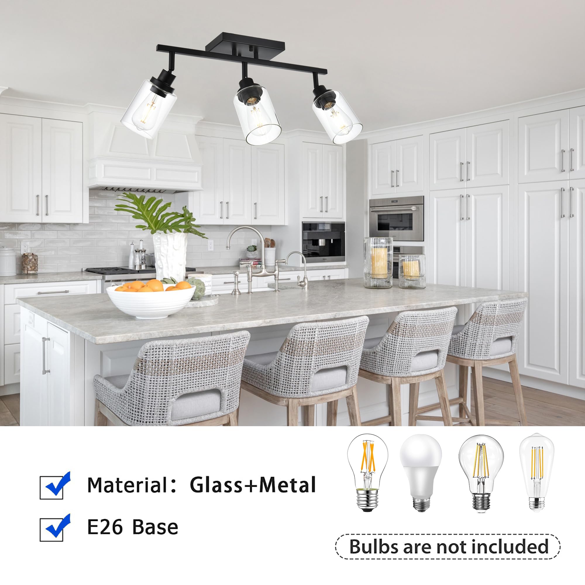 Wanluce 3-Light Black Track Lighting Kit, Rotatable Spotlight with Clear Glass Shade, Model 16450SP-3BL for Kitchen and Bathroom