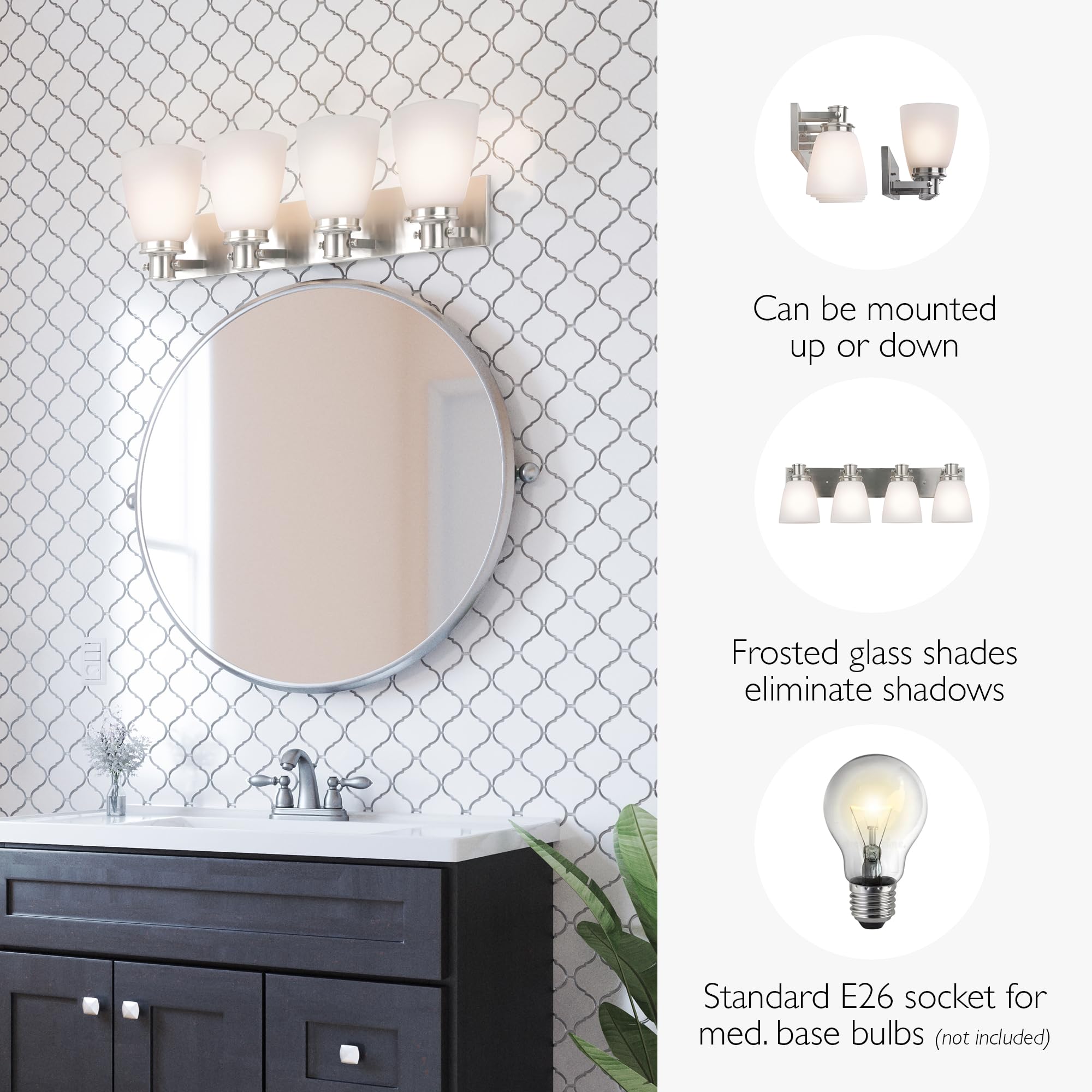 Design House 4-Light Vanity Light, Frosted White Glass, Dimmable, Satin Nickel, 28.4in L x 7.4in W x 8.6in H,