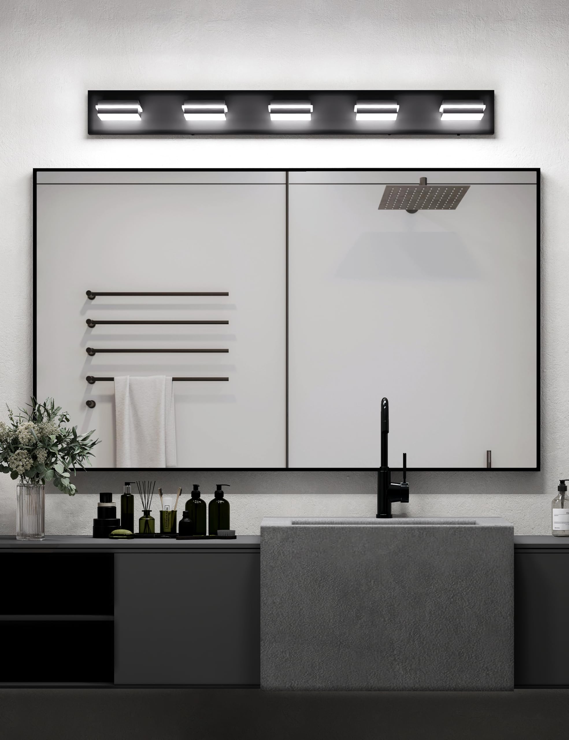VOLISUN 5-Light Bathroom Vanity Light Fixture, 40-Inch, Black LED, 360° Rotatable, Acrylic, Model 9553F, 6000K