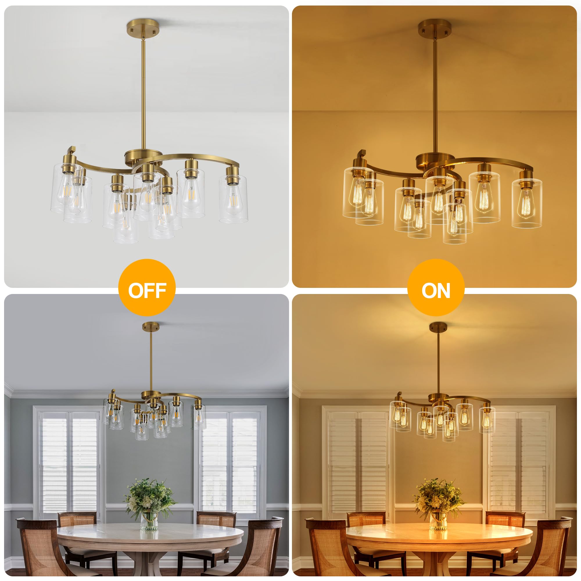 CNRATYE 9-Light Gold Glass Chandelier, Adjustable Height, Contemporary Design for Dining Room, Kitchen Island, Living Room, Foyer, Office