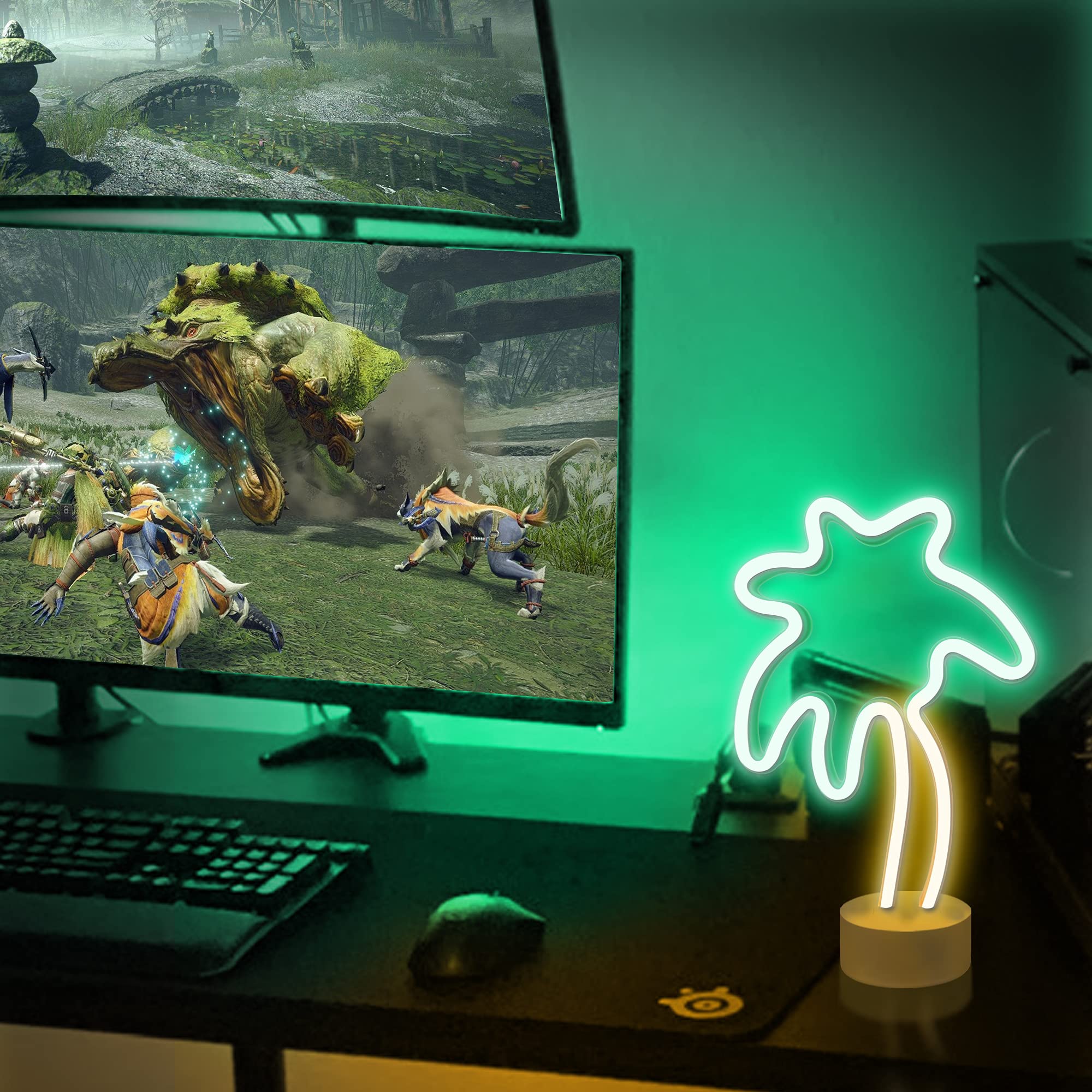 Lumoonosity Palm Tree Lights - Green & Yellow Palm Tree Neon Sign For Bedroom, Game Room - Battery/Usb Powered Coconut Trees Neo