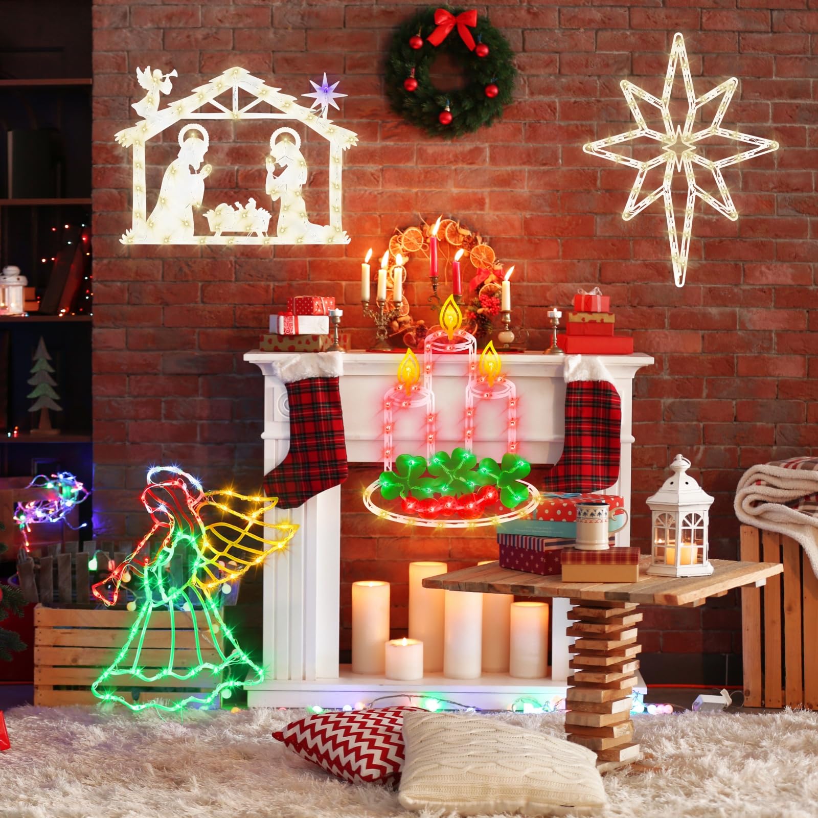 Pytopkto Christmas Decorations - 16" Christmas Window Silhouette Lights - 4 Pack Colour Lighted Nativity & Angel & Bethlehem Star & Candle For Holiday Indoor And Outdoor Wall Door Window Decorate