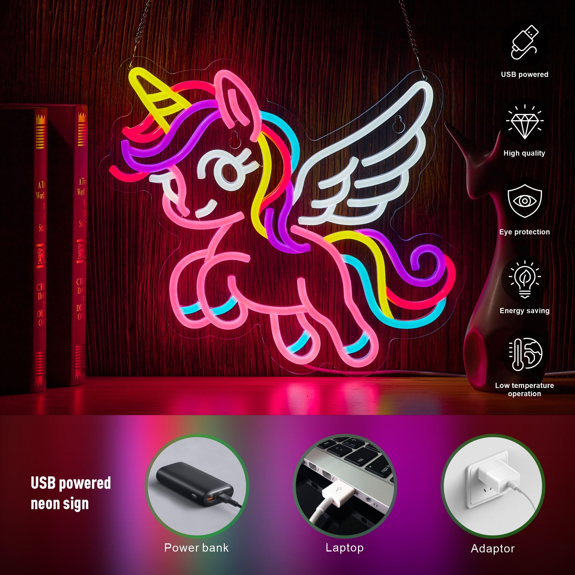 NEONLAND Unicorn Neon Sign - Pink & Purple LED Wall Decor, 16.5x12.6in, Dimmable, USB Powered, Gift for Kids & Girls