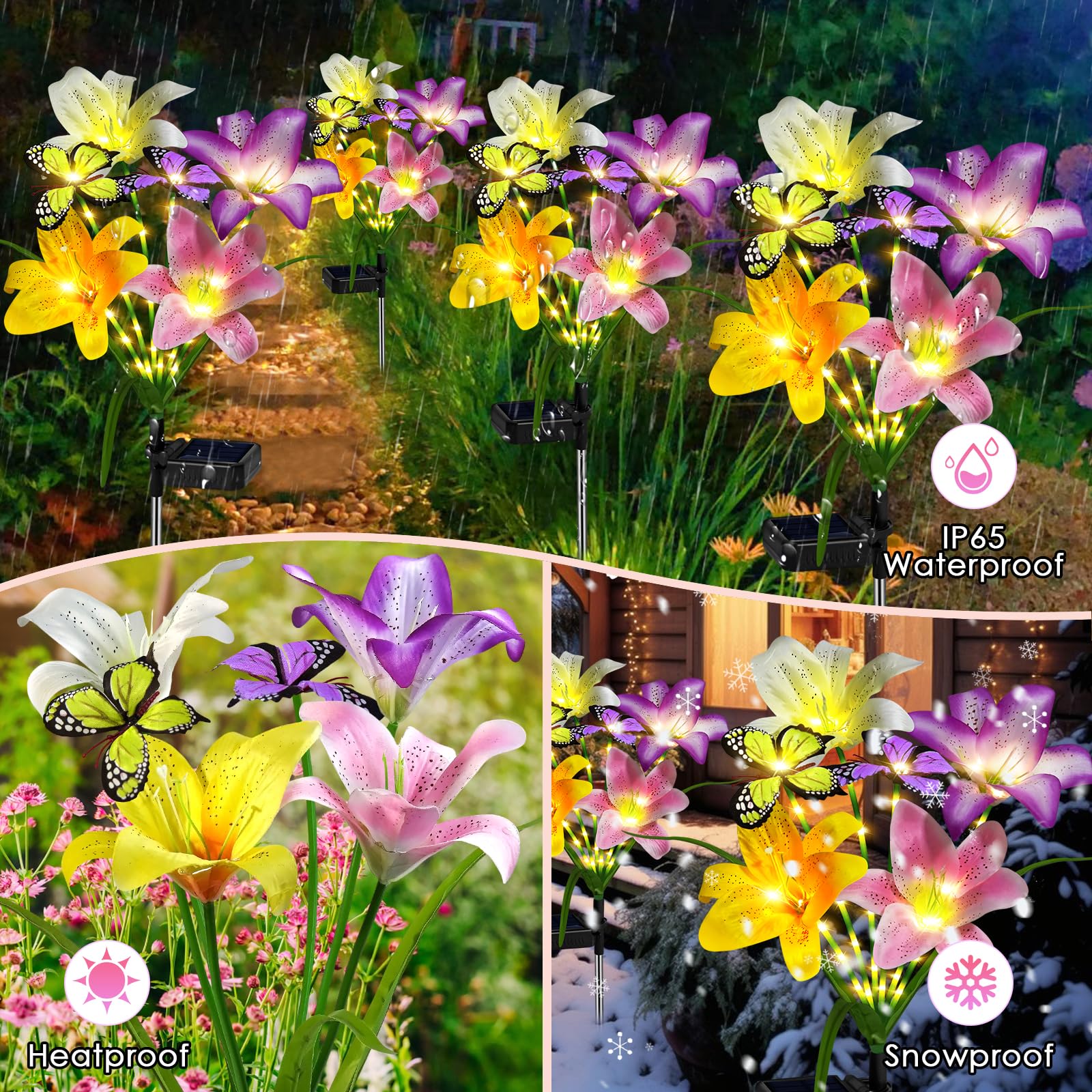 ostritec Solar Garden Lights, 4 Pack Flower Lights, 16 Solar Lilies with Butterflies, Waterproof Decor, Model NewLily4pack, Color: 4 pcs Lilies